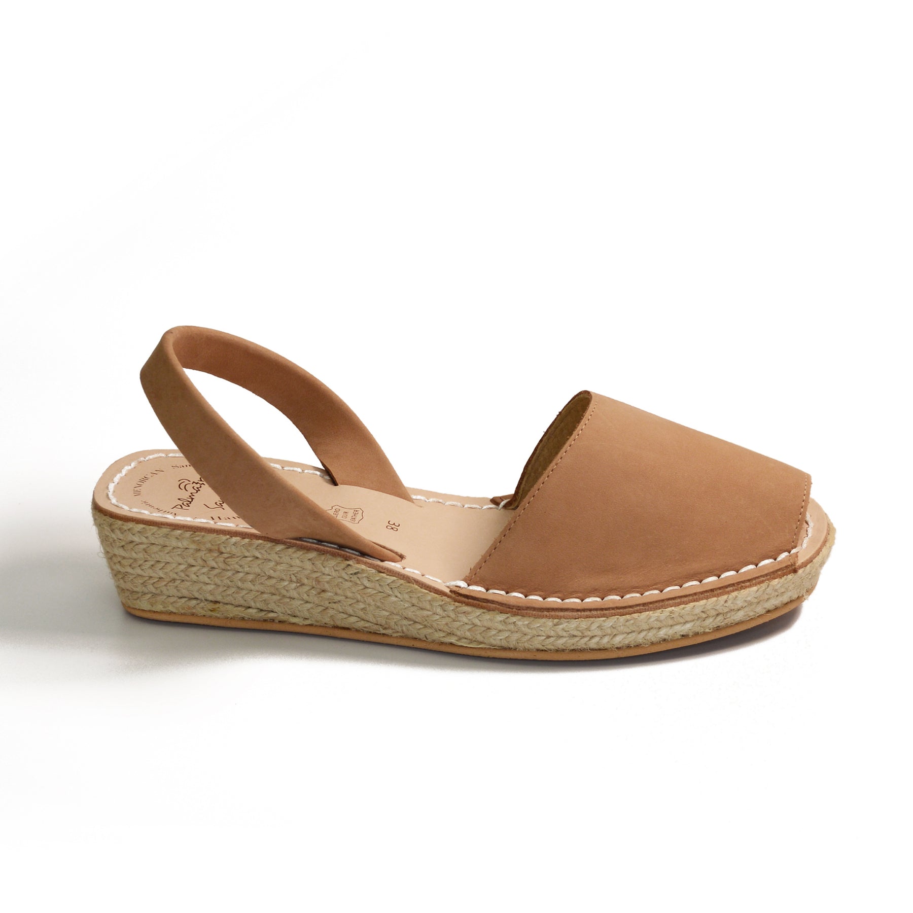 Tan nubuck leather low espadrille wedge spanish avarca style sandals