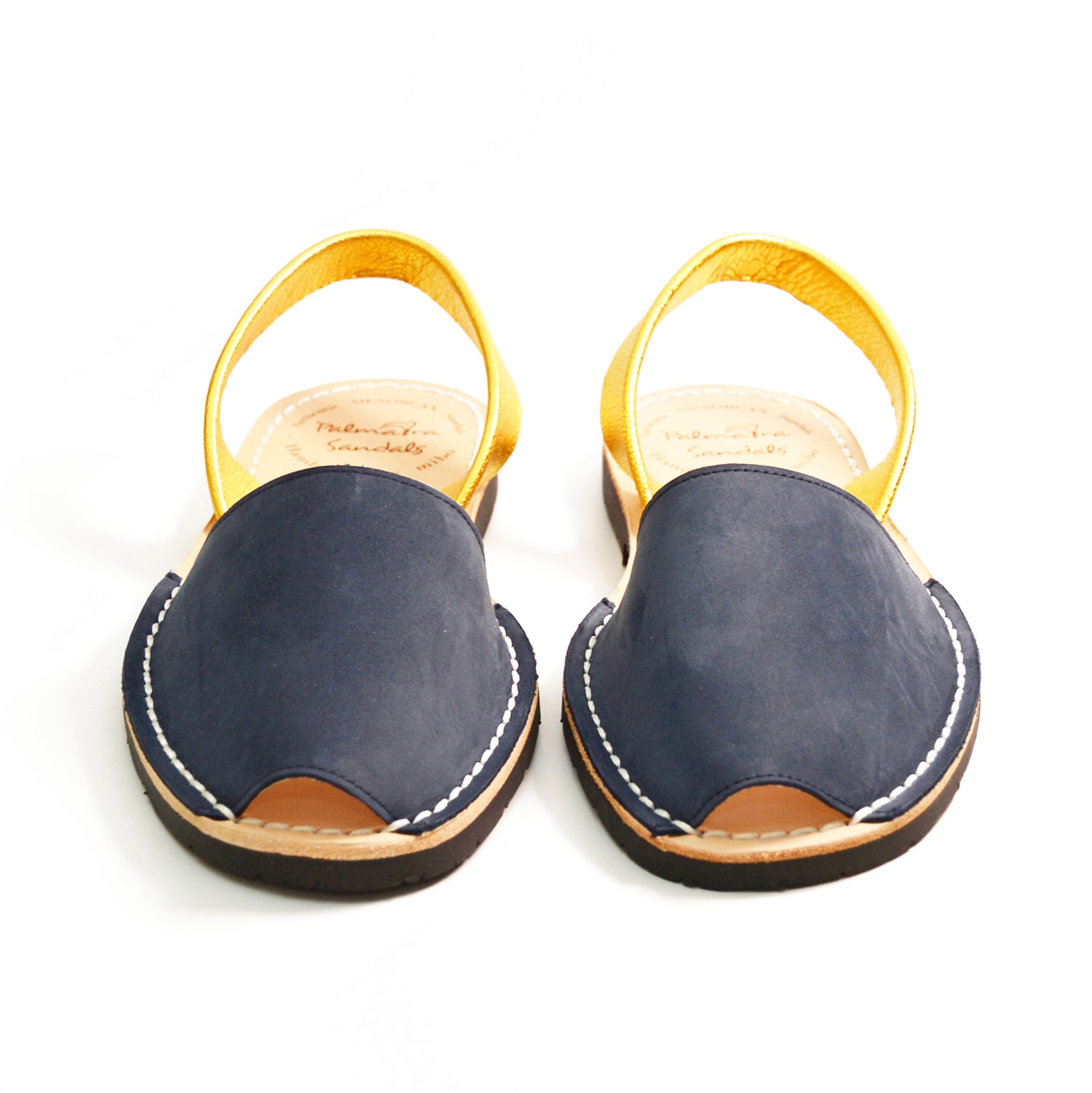 Navy nubuck leather with a gold heel strap Spanish Menorcan Avarcas slingback sandals