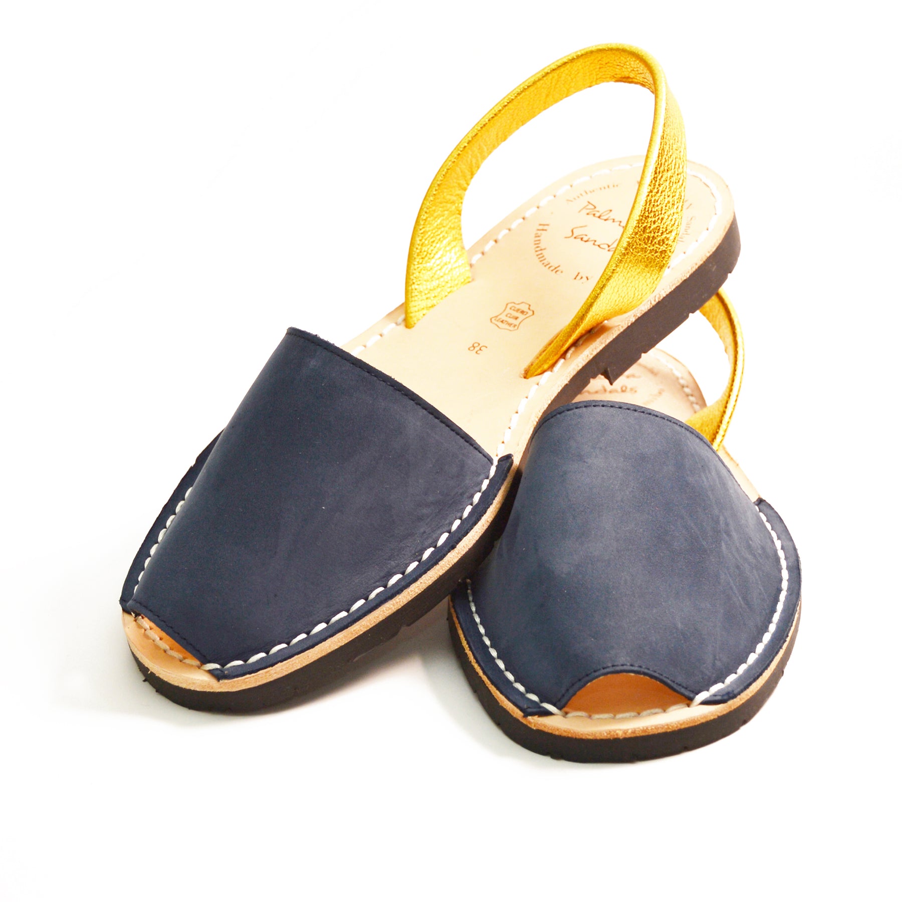 Navy nubuck leather with a gold heel strap Spanish Menorcan Avarcas slingback sandals