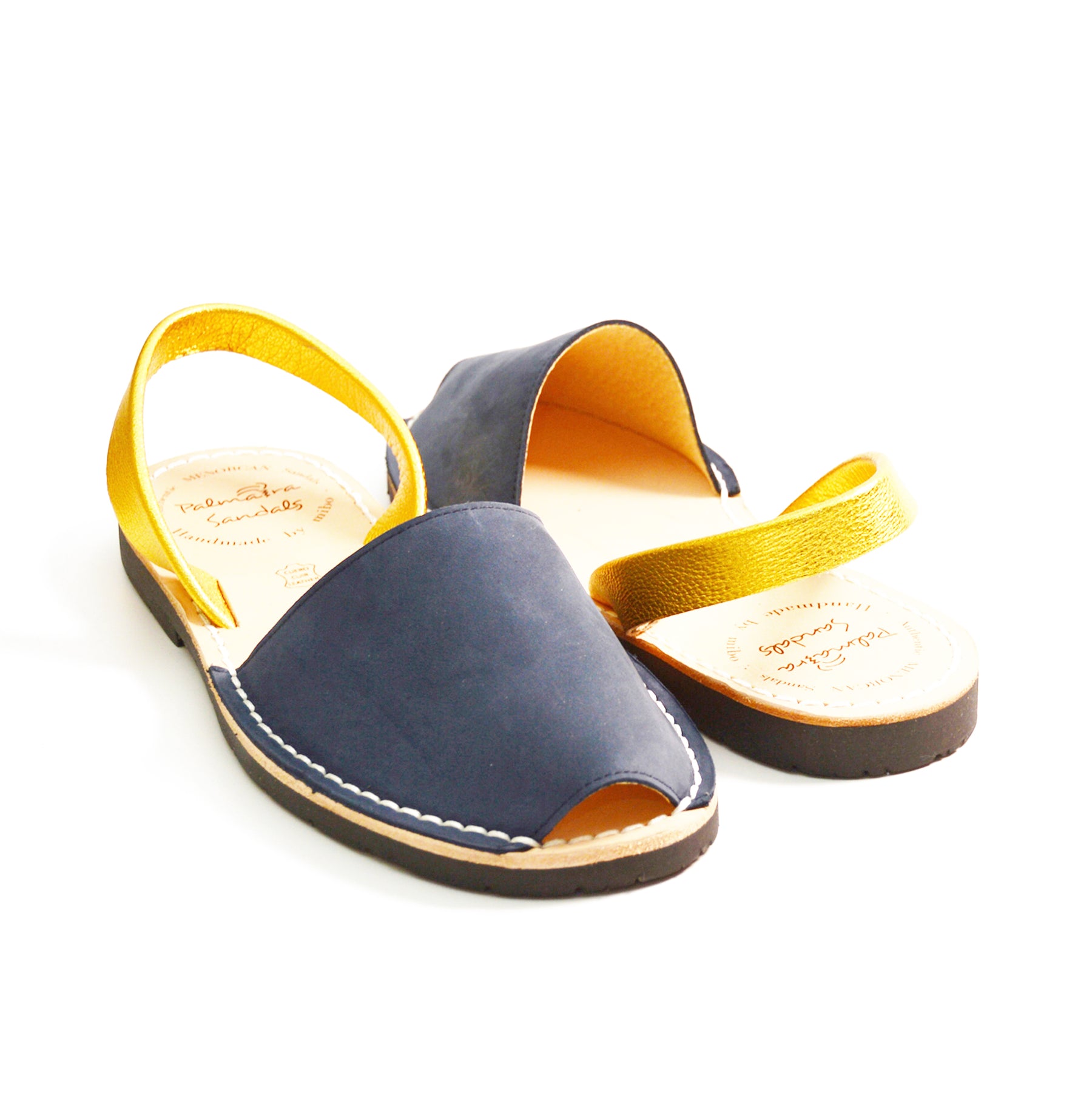 Navy nubuck leather with a gold heel strap Spanish Menorcan Avarcas slingback sandals