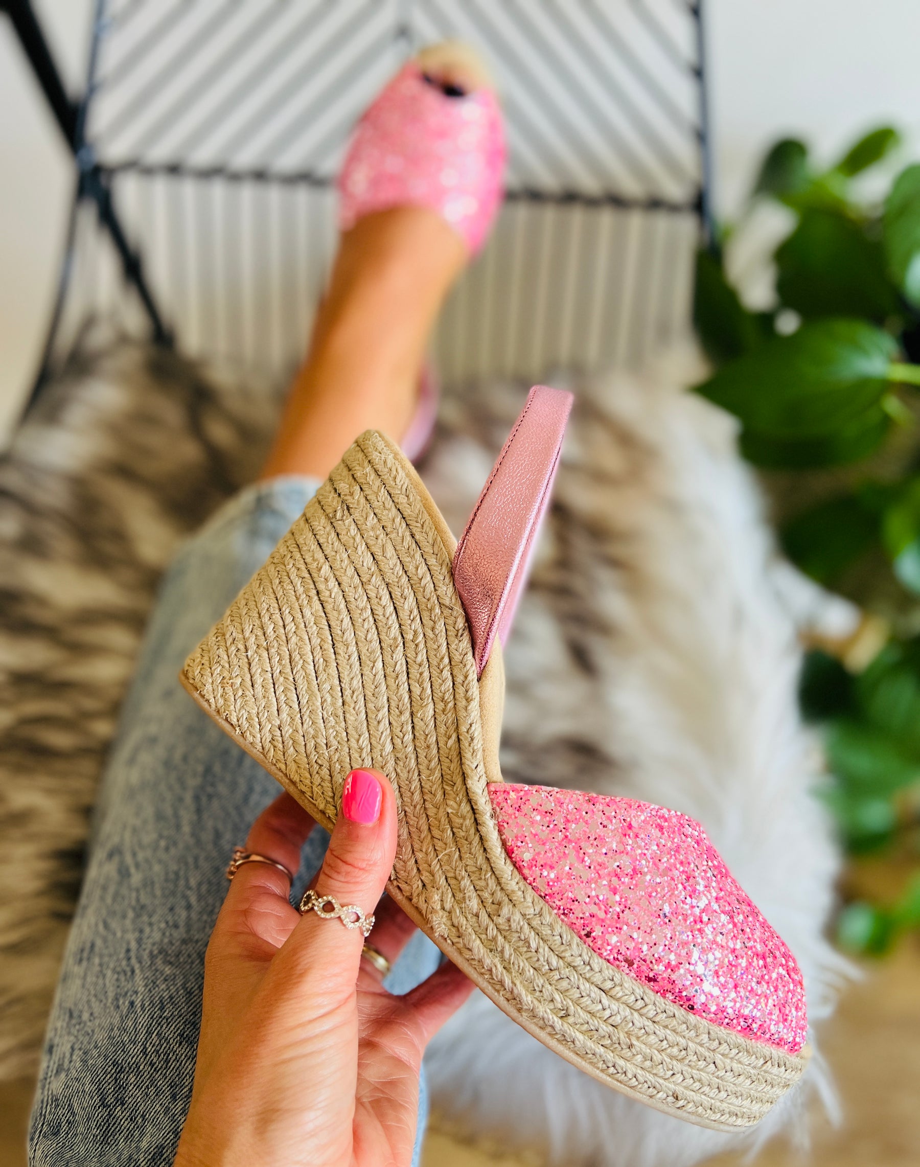 Bright bubblegum pink glitter upper on an 11cm high espadrille wedge with pink leather metallic slingback heel strap