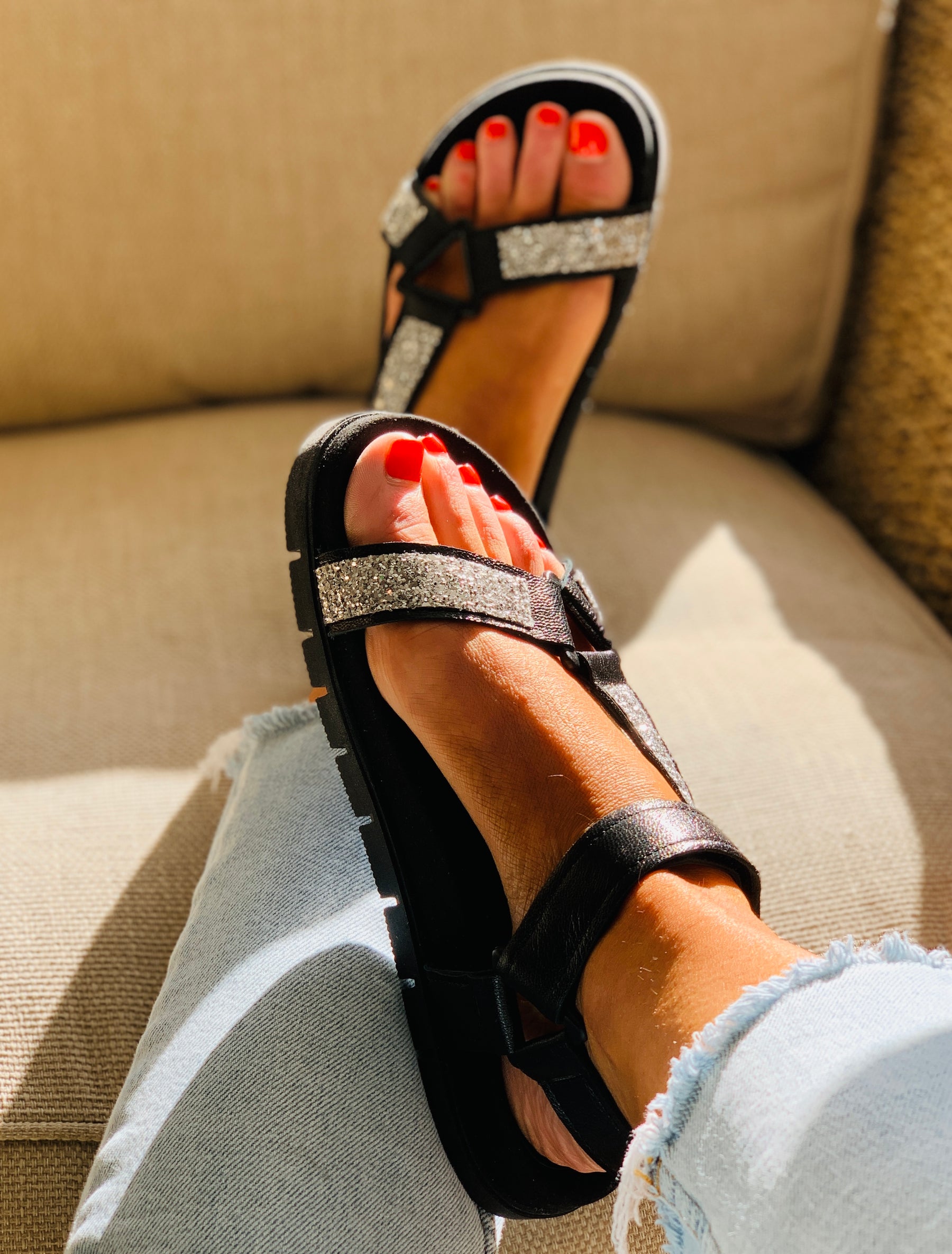 black metallic leather silver glitter strappy hiker sandals