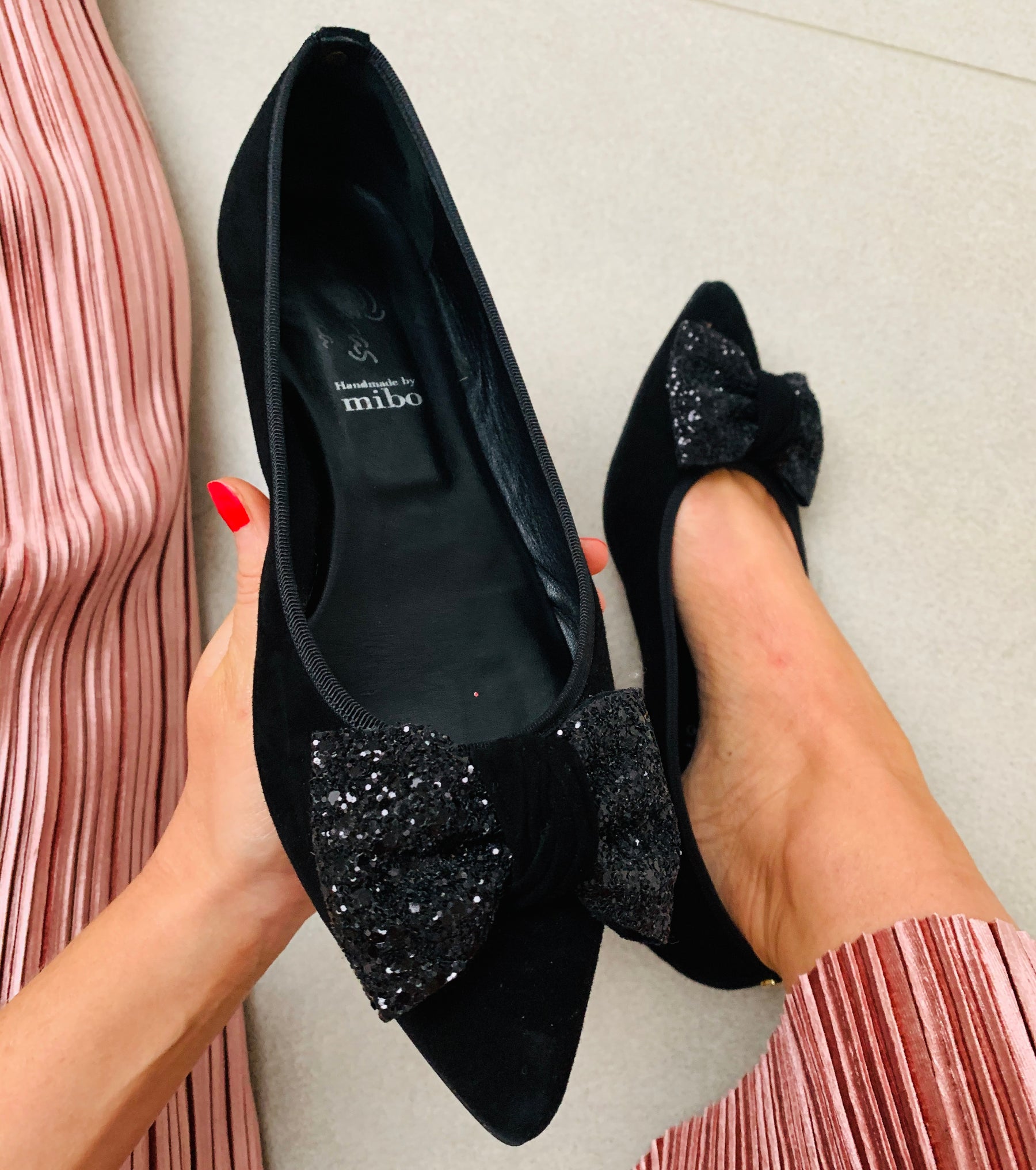 Black Suede Glitter Bow Flat Ballet Pumps