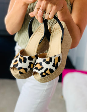 Snow Leopard Leather Mid Height Espadrille Wedge Avarcas Sandals
