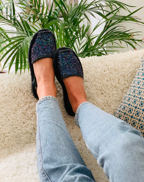 dark multi coloured glitter wool lined menorcan avarca slipper sandals