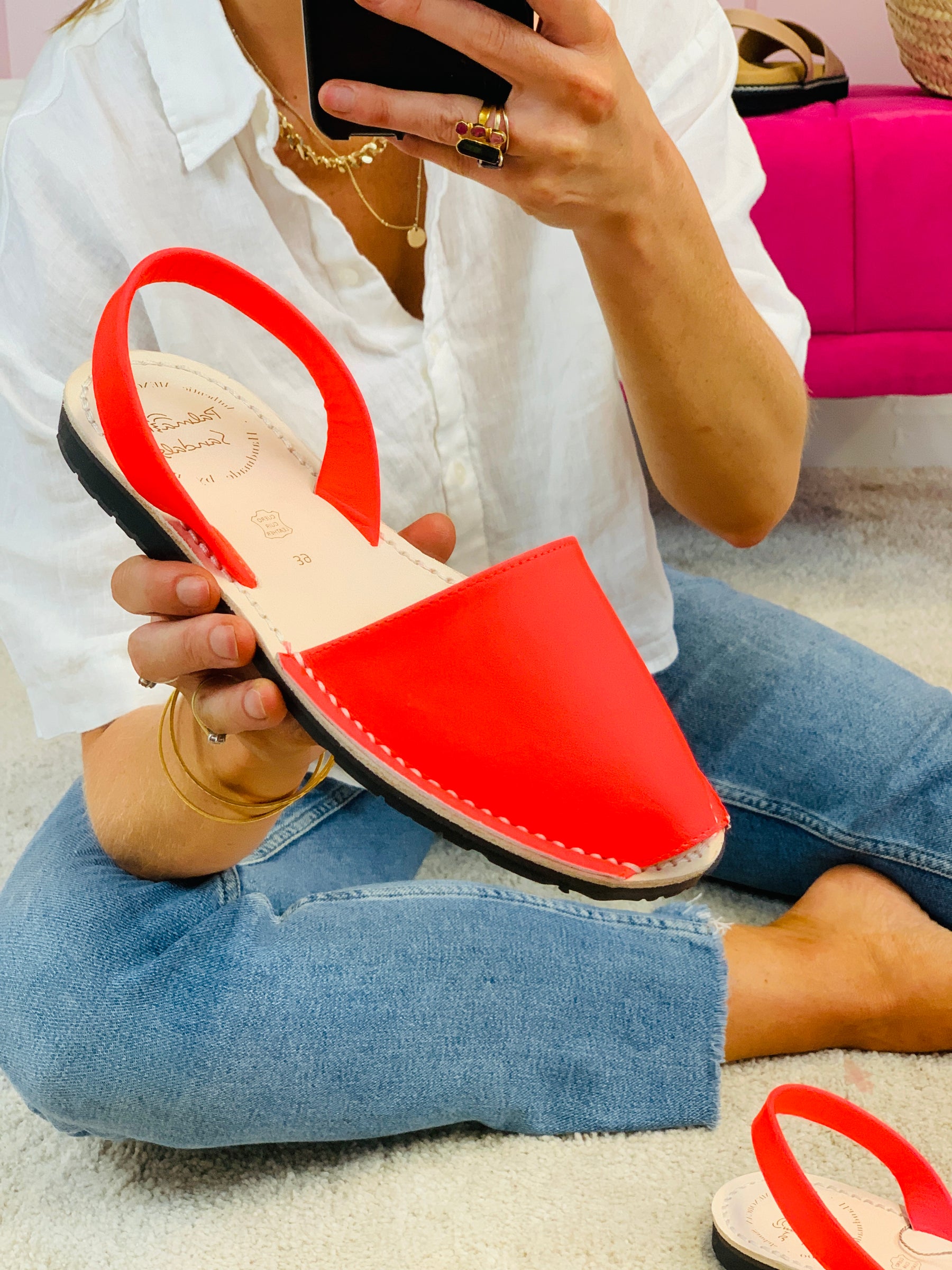 Neon Coral Leather Spanish Menorcan Avarcas Sandals