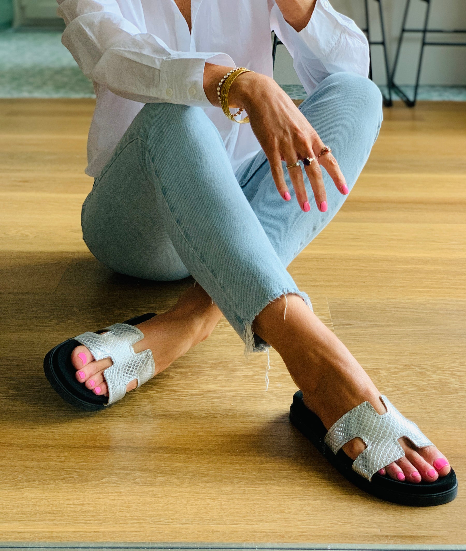 silver snakeprint leather H model sliders with ergonomic sole