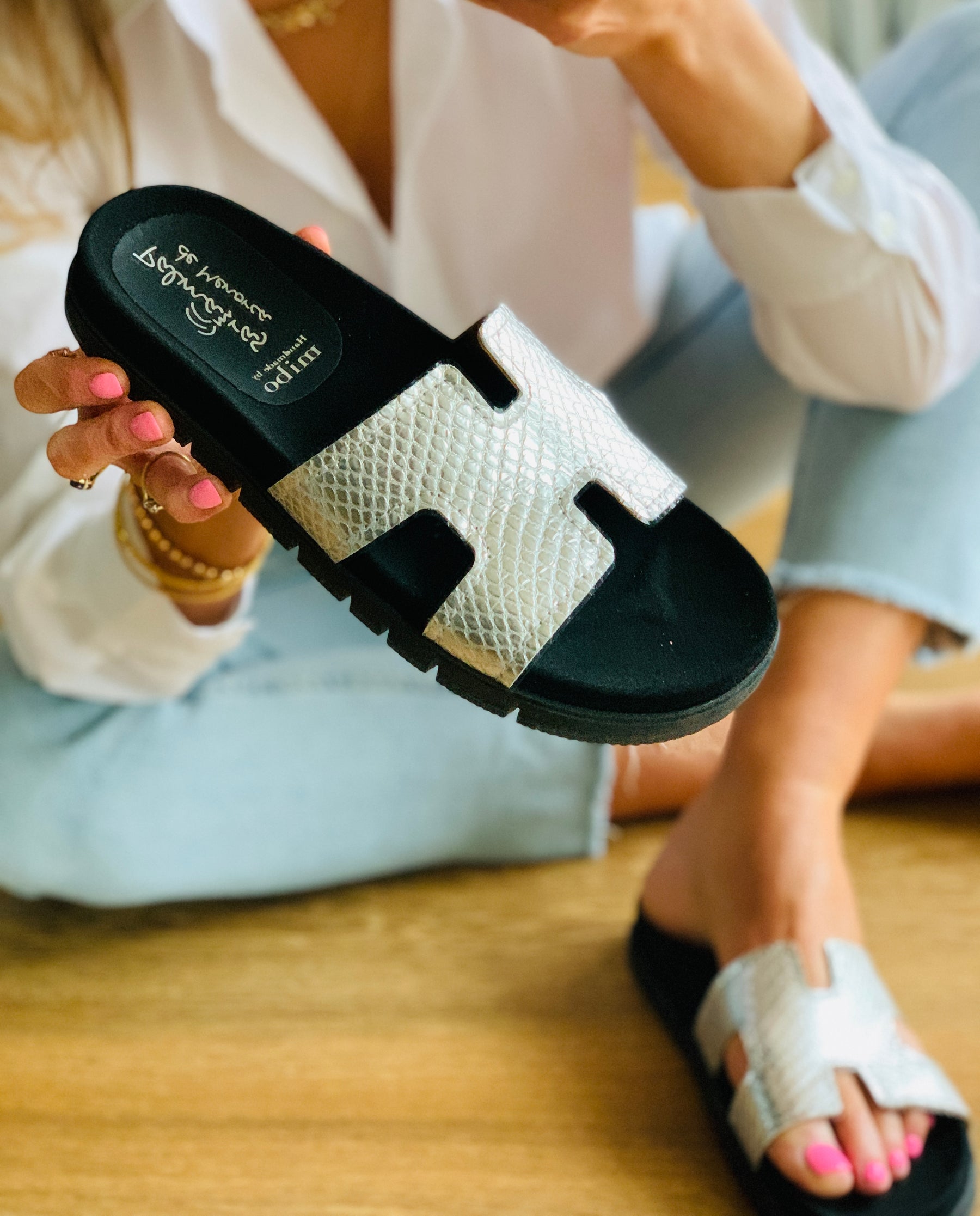 silver snakeprint leather H model sliders with ergonomic sole