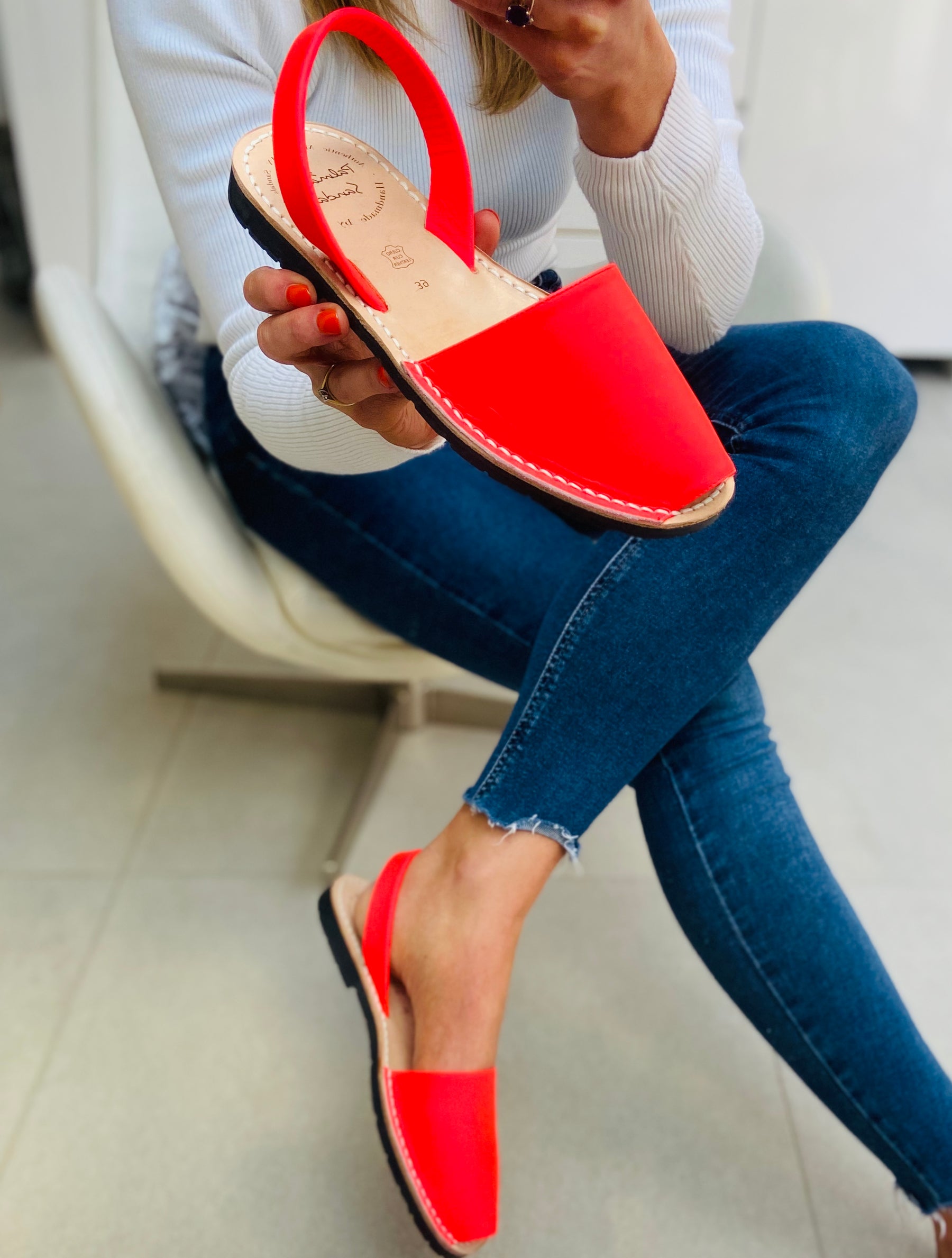 Neon Coral Leather Spanish Menorcan Avarcas Sandals