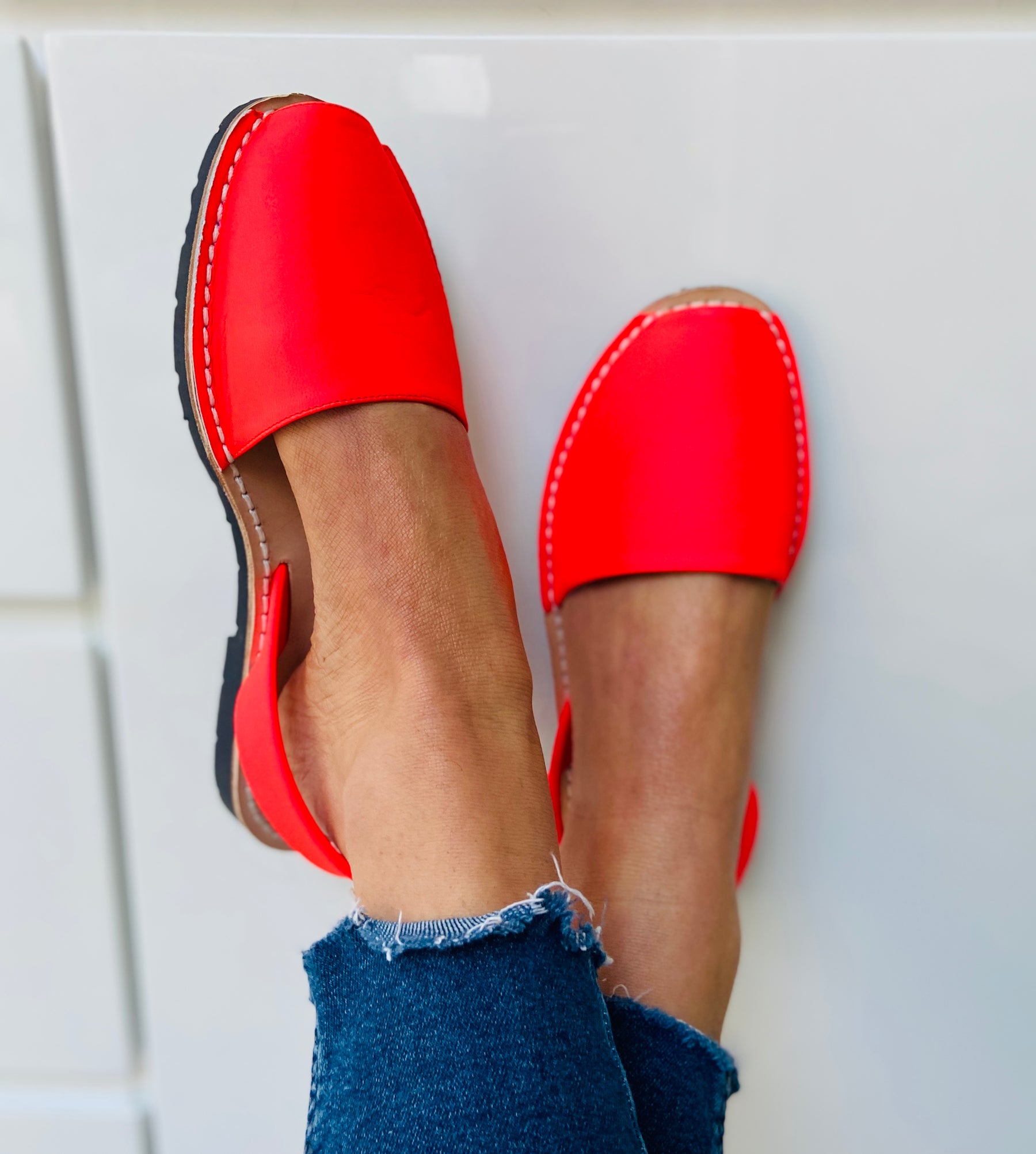 Neon Coral Leather Spanish Menorcan Avarcas Sandals
