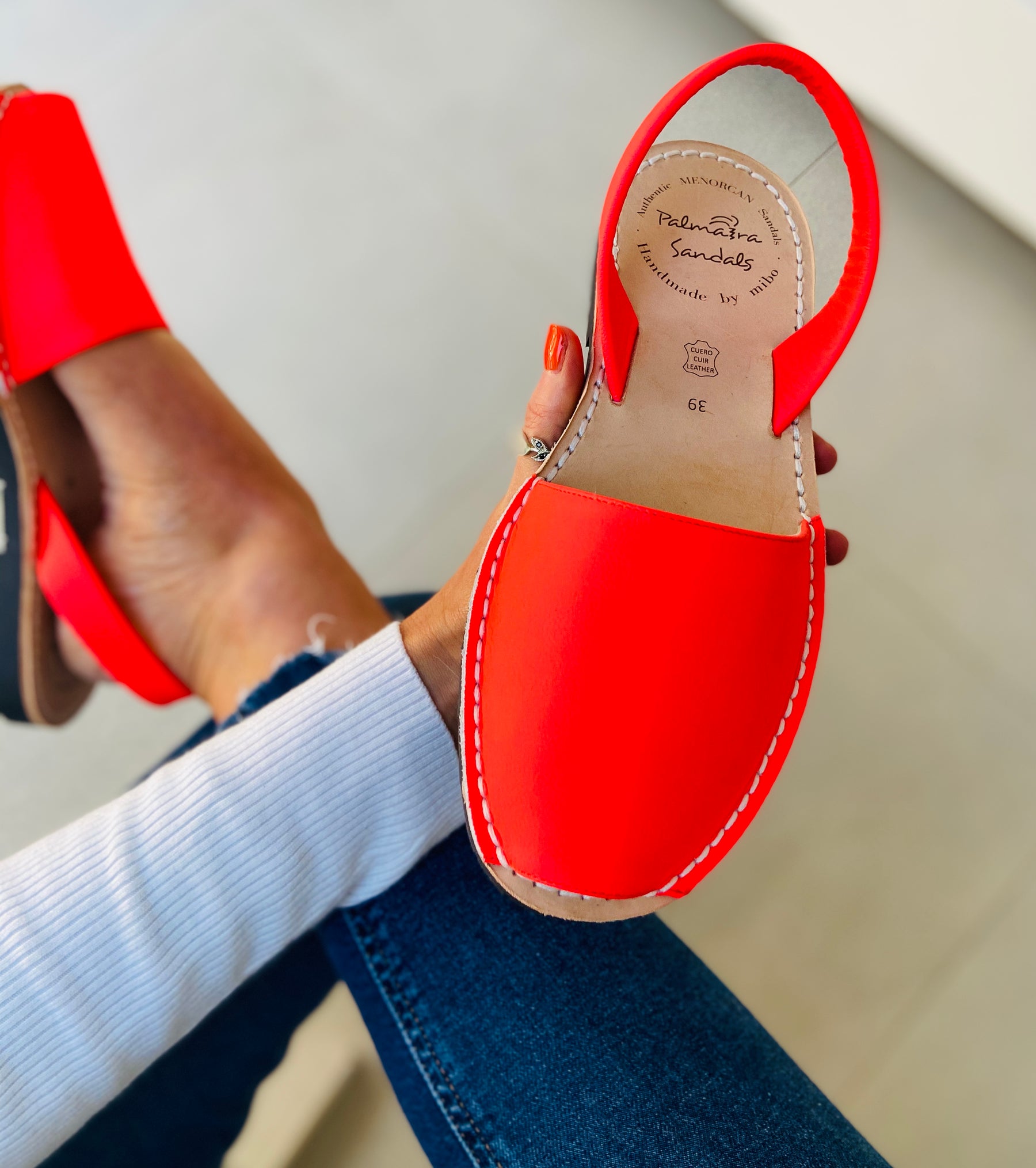 Neon Coral Leather Spanish Menorcan Avarcas Sandals