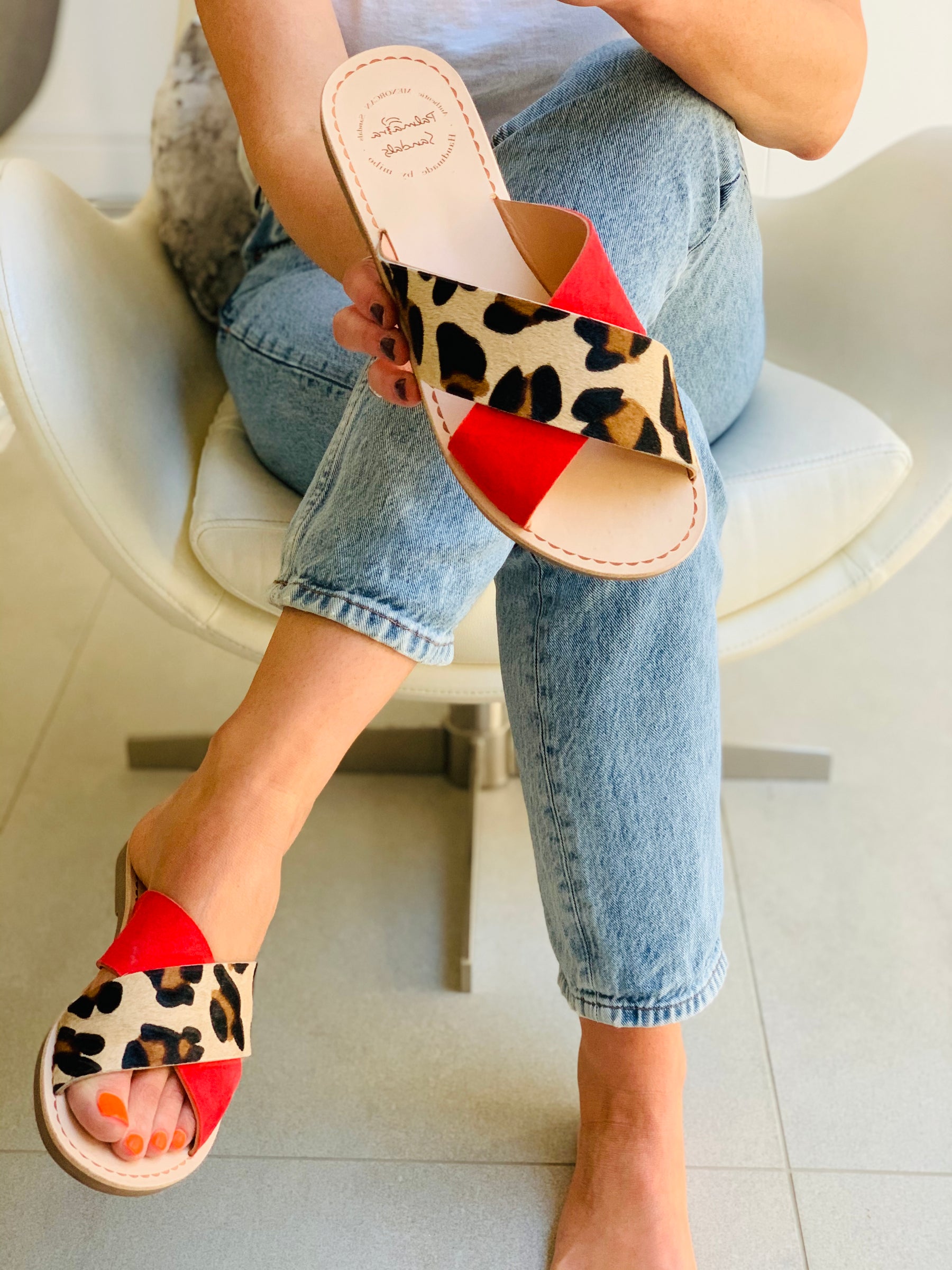 leopard print and red suede strappy crossover slider flat sandals