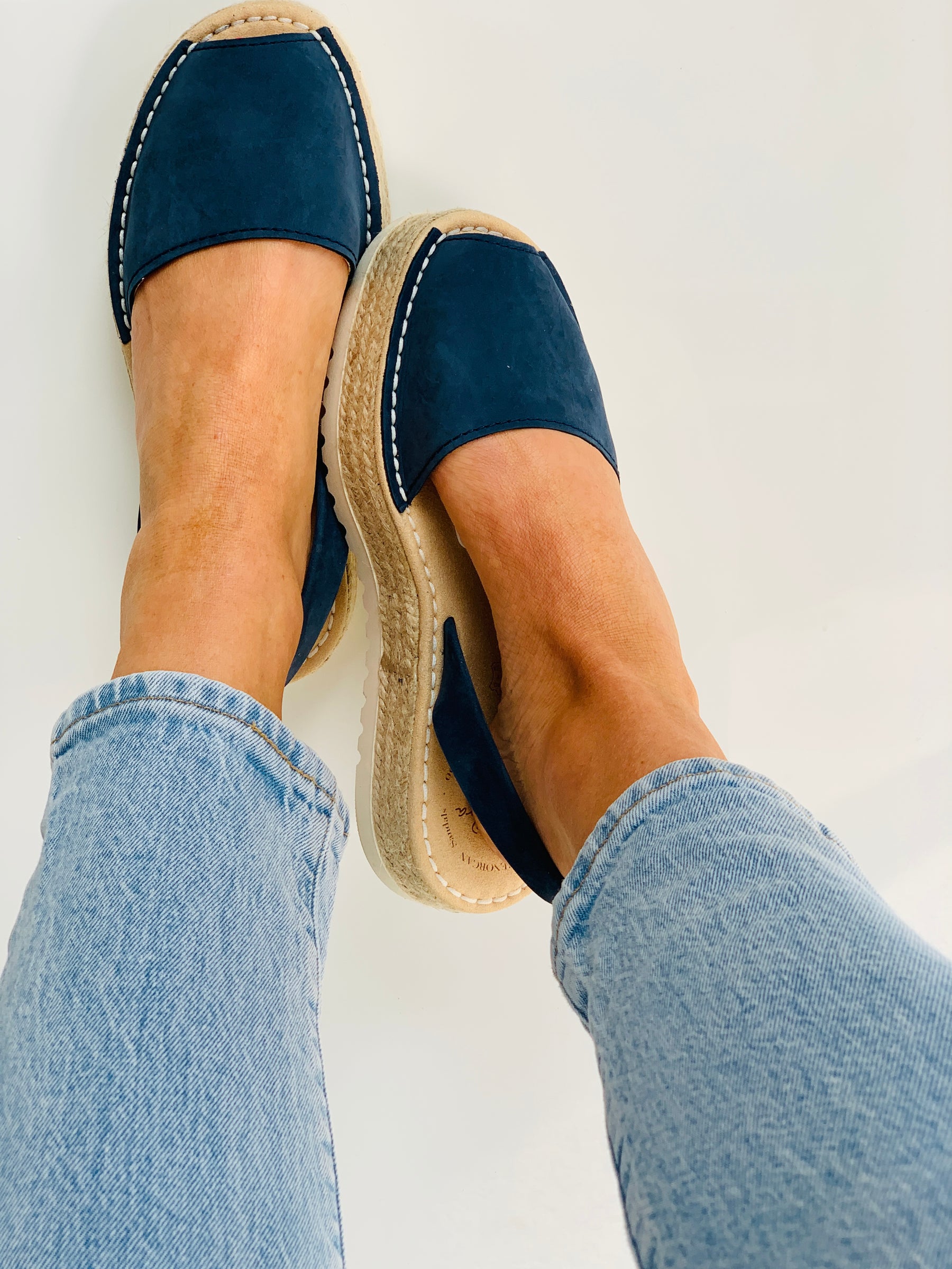 navy nubuck flatform lowform avarcas spanish sandals