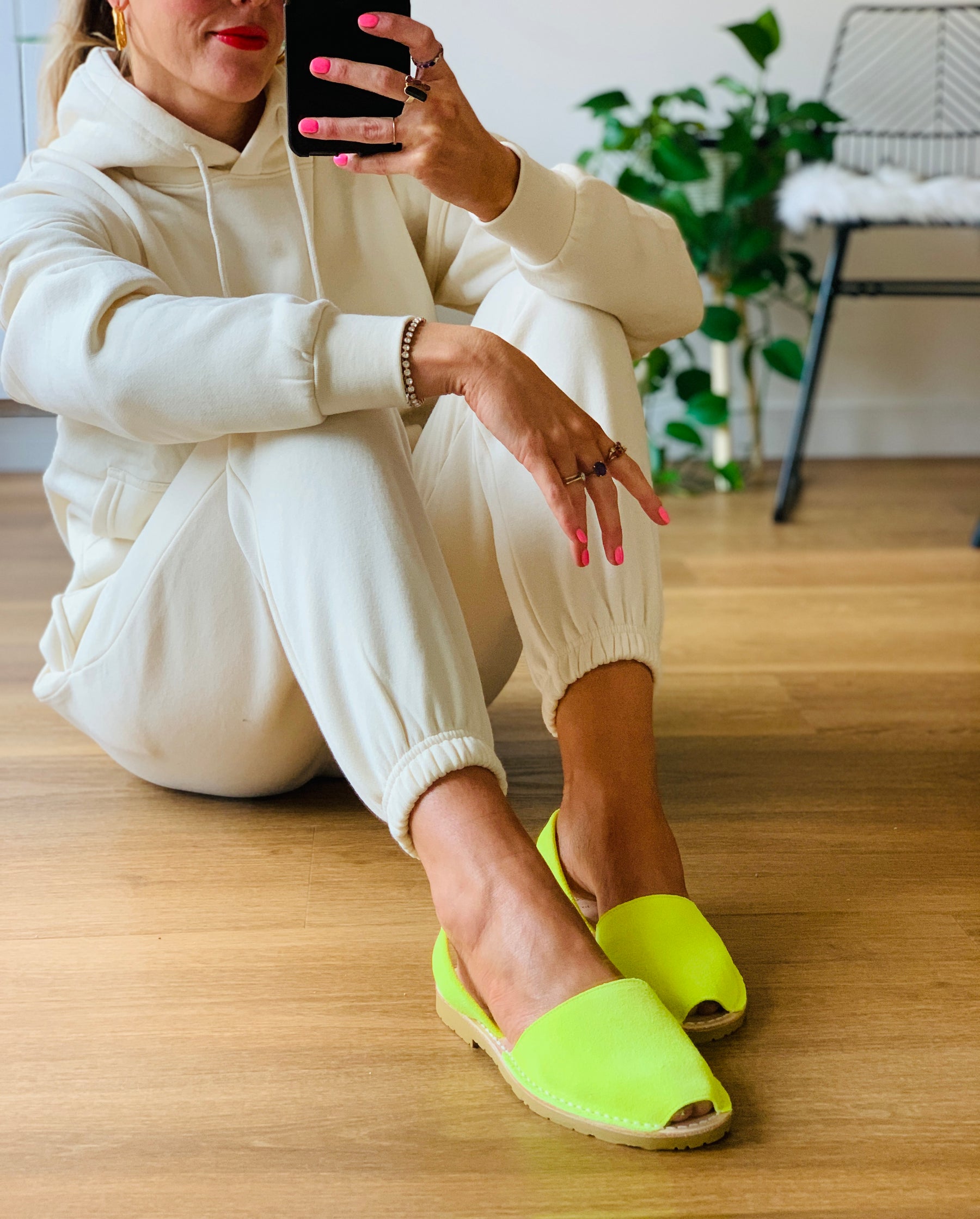 Neon Yellow suede menorcan avarca sandals with slingback heelstrap and flexible rubber sole