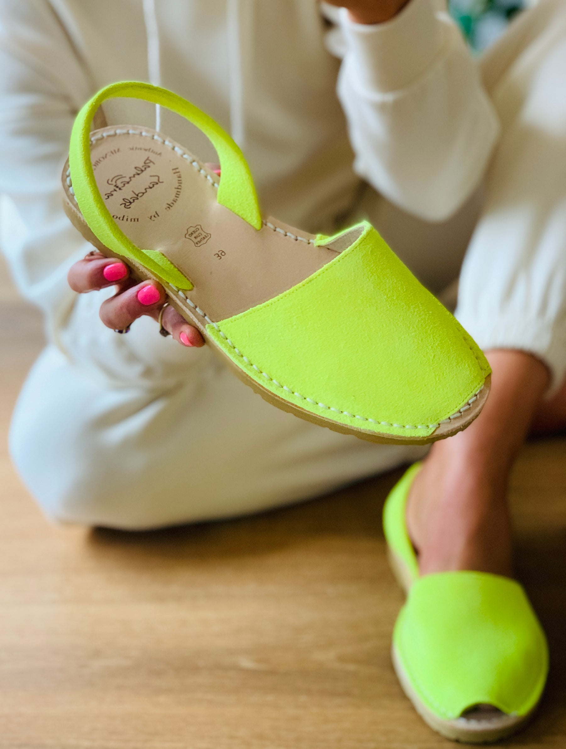 Neon Yellow suede menorcan avarca sandals with slingback heelstrap and flexible rubber sole