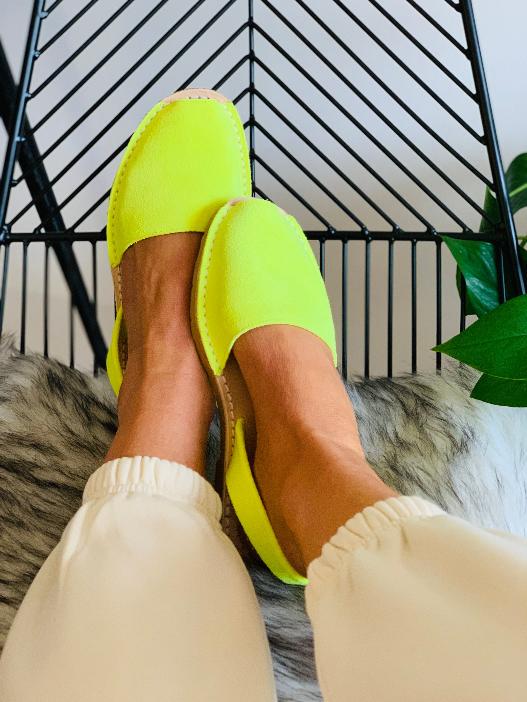 Neon Yellow suede menorcan avarca sandals with slingback heelstrap and flexible rubber sole