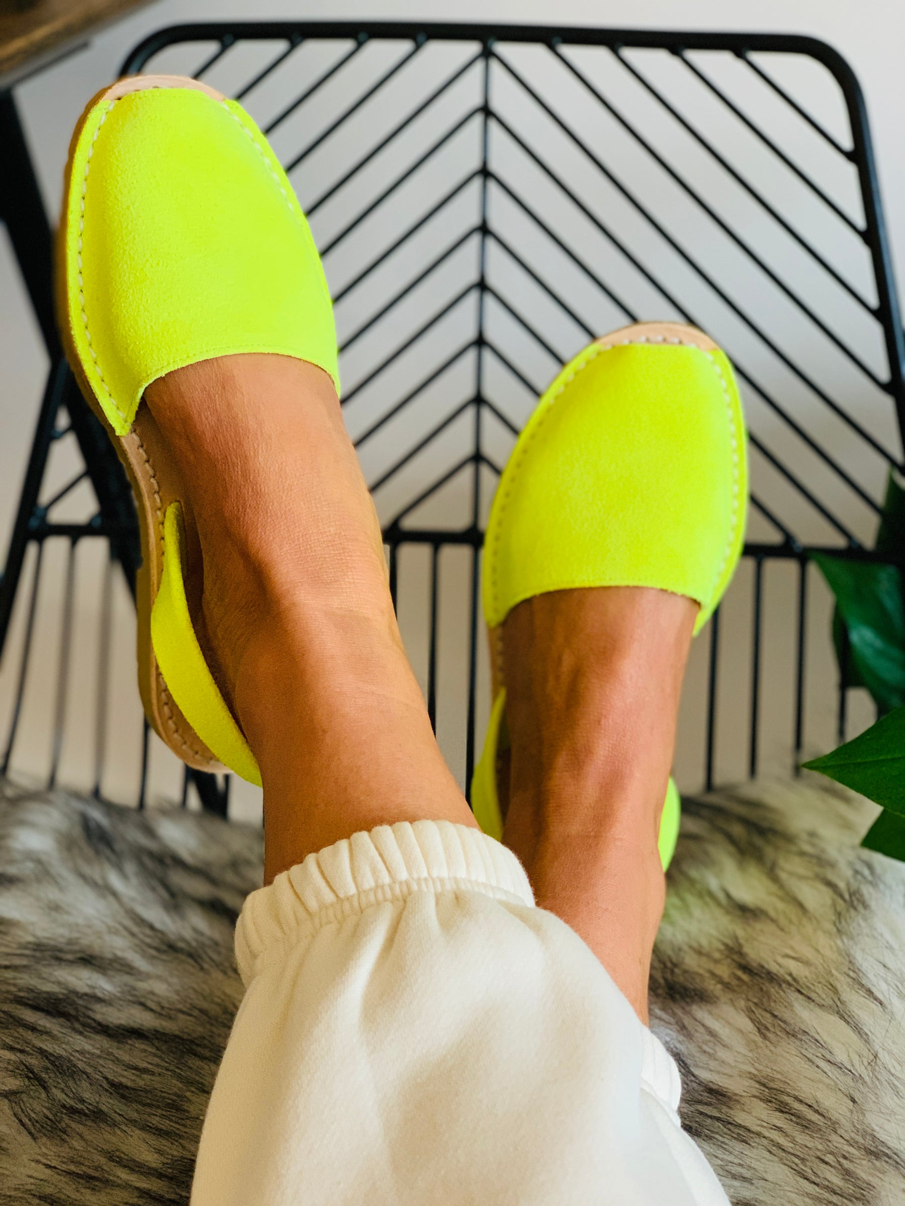 Neon Yellow suede menorcan avarca sandals with slingback heelstrap and flexible rubber sole