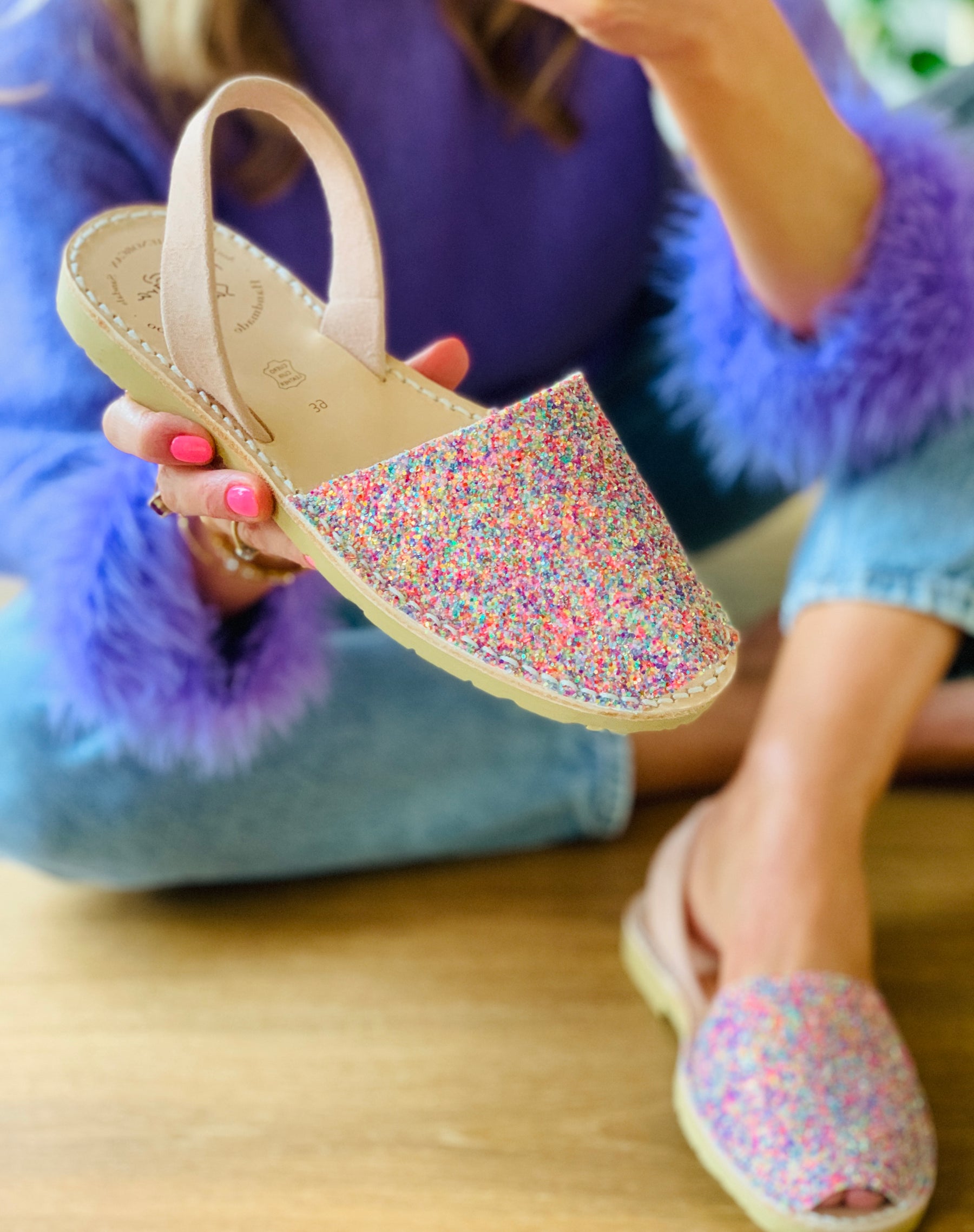 pastel multi coloured glitter upper on a traditional menorcan avarca sandal with neutral peach toned suede heelstrap and durable rubber sole.