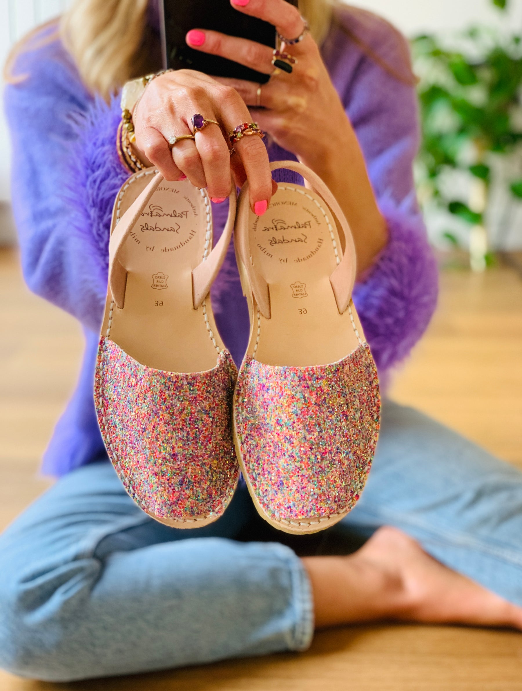 pastel multi coloured glitter upper on a traditional menorcan avarca sandal with neutral peach toned suede heelstrap and durable rubber sole.