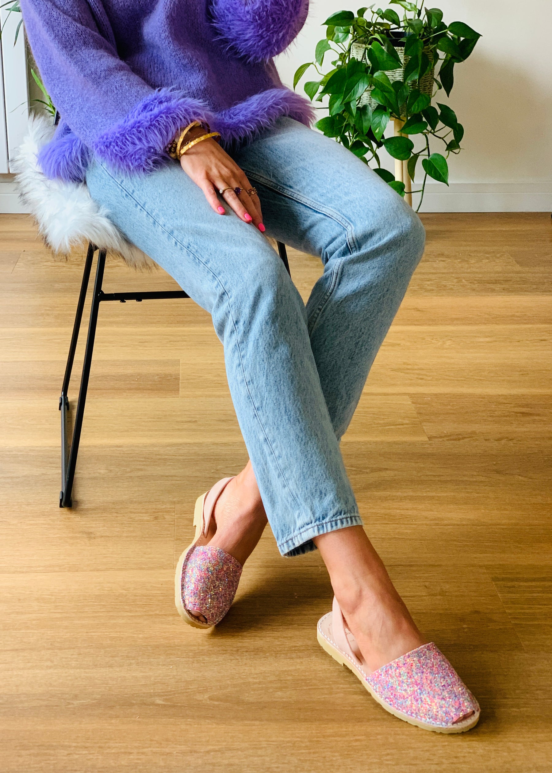 pastel multi coloured glitter upper on a traditional menorcan avarca sandal with neutral peach toned suede heelstrap and durable rubber sole.