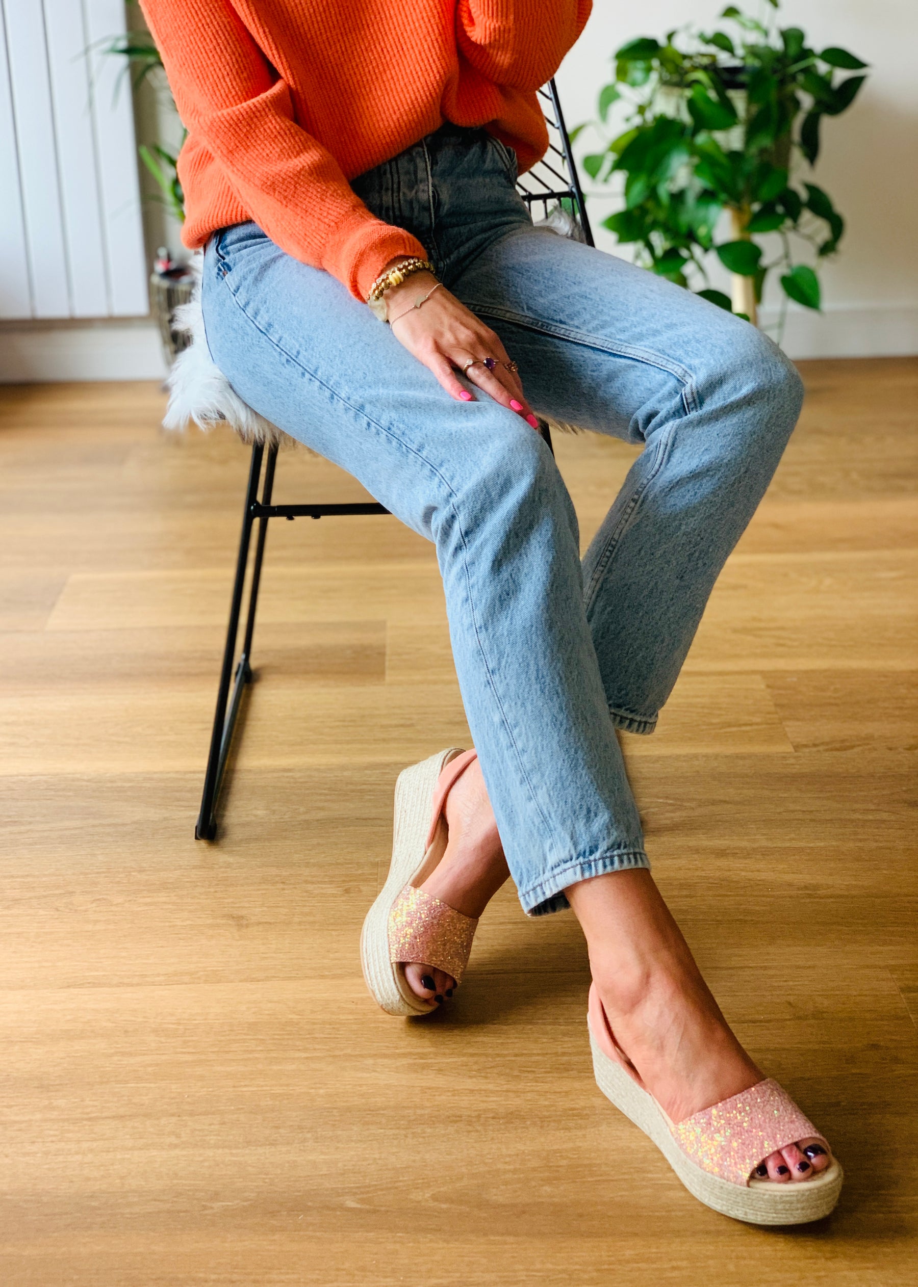 Peach glitter mid height espadrille wedge with peach suede backstrap and platform sole.