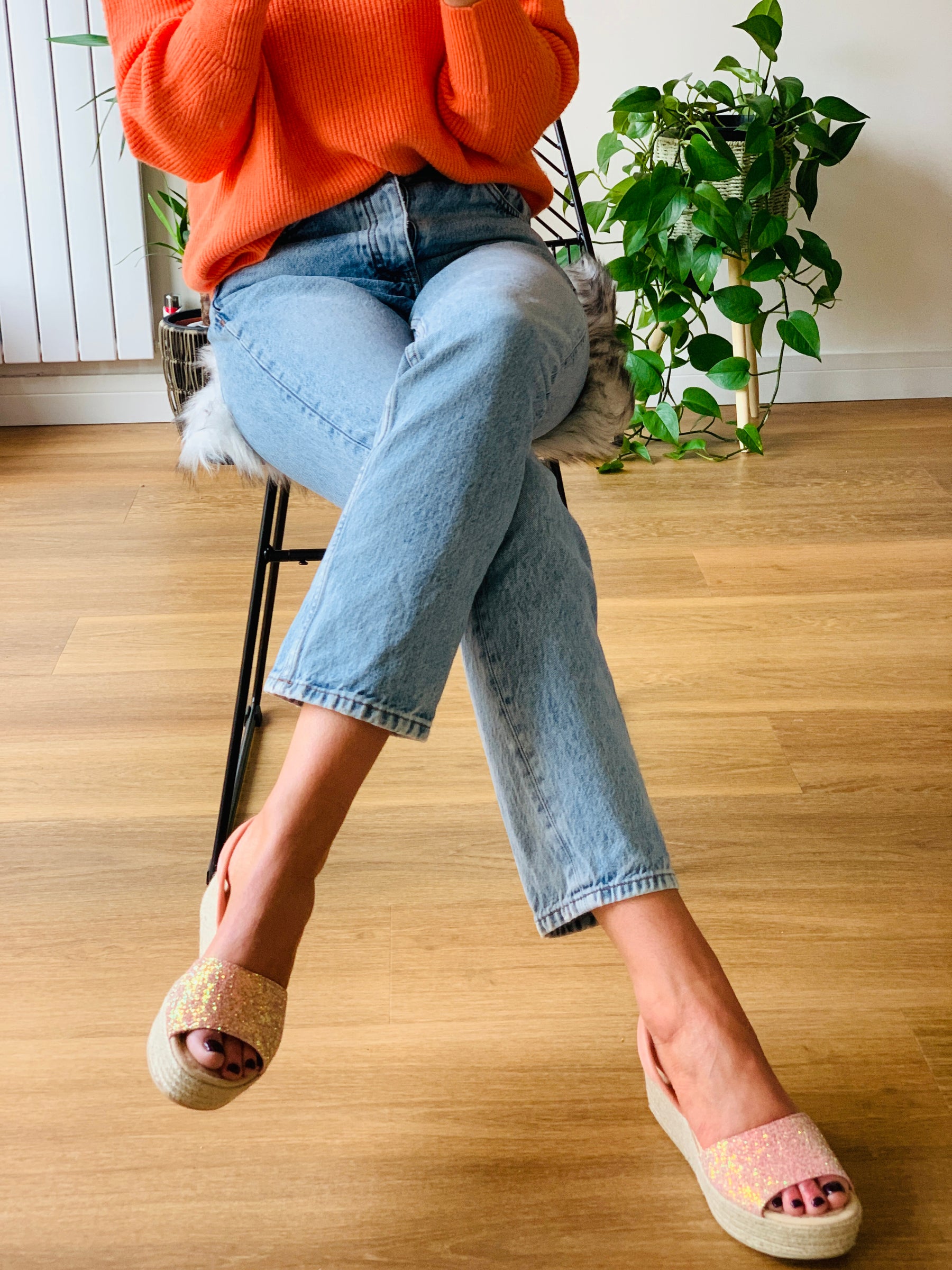 Peach glitter mid height espadrille wedge with peach suede backstrap and platform sole.