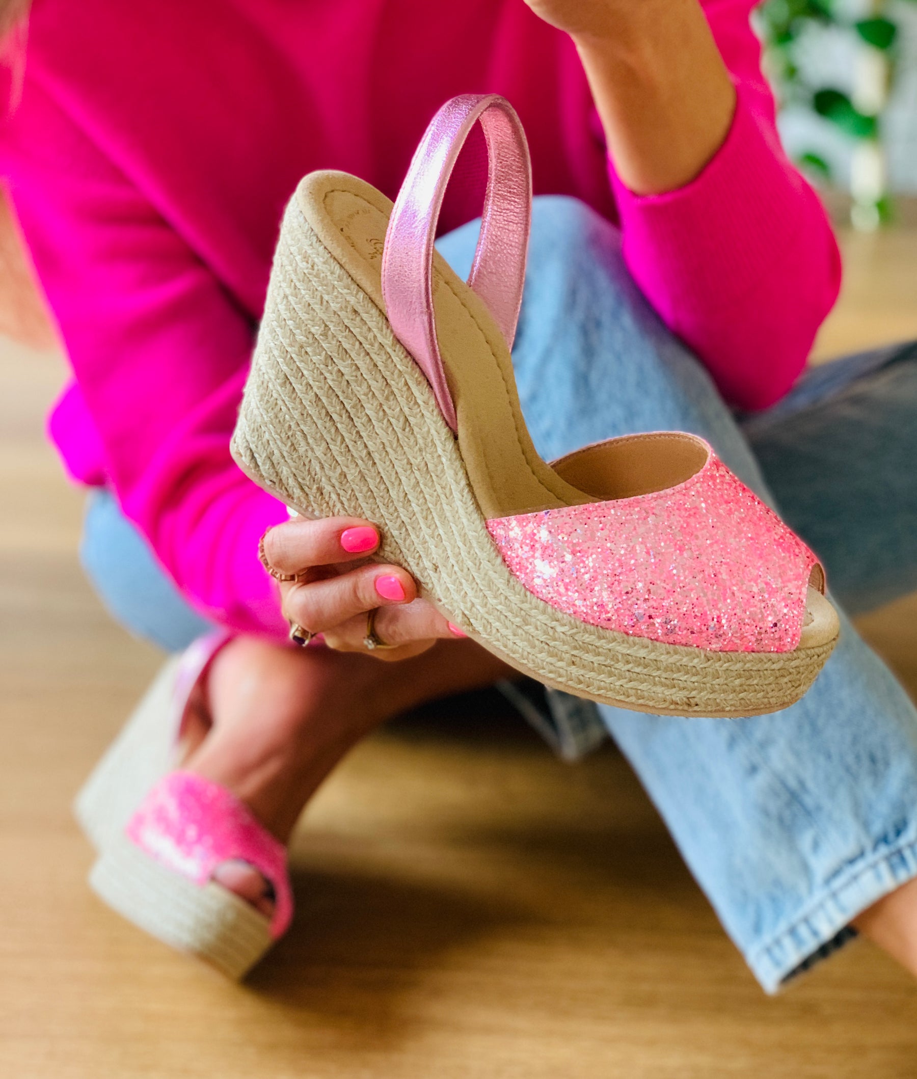 Bright bubblegum pink glitter upper on an 11cm high espadrille wedge with pink leather metallic slingback heel strap