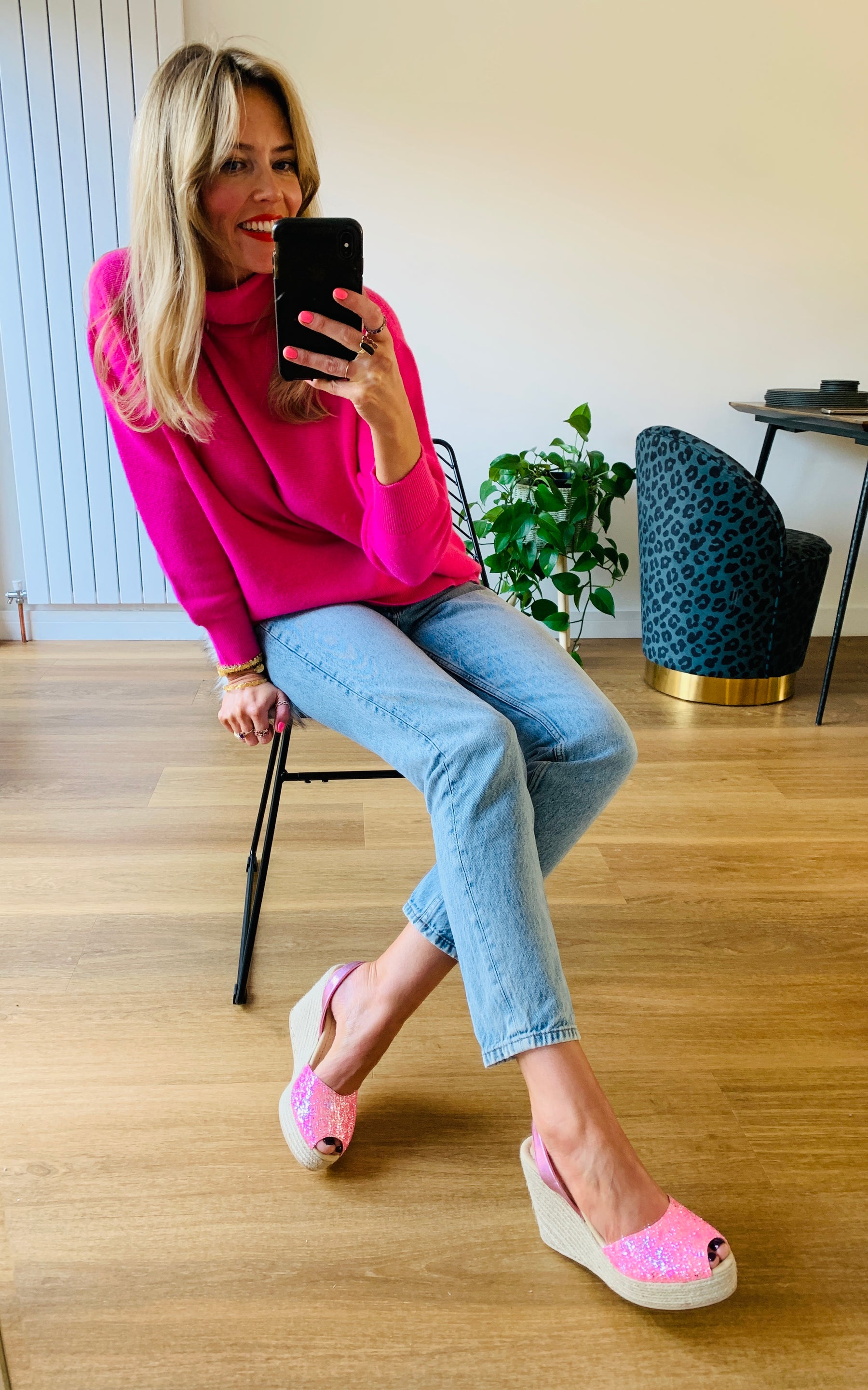 Bright bubblegum pink glitter upper on an 11cm high espadrille wedge with pink leather metallic slingback heel strap