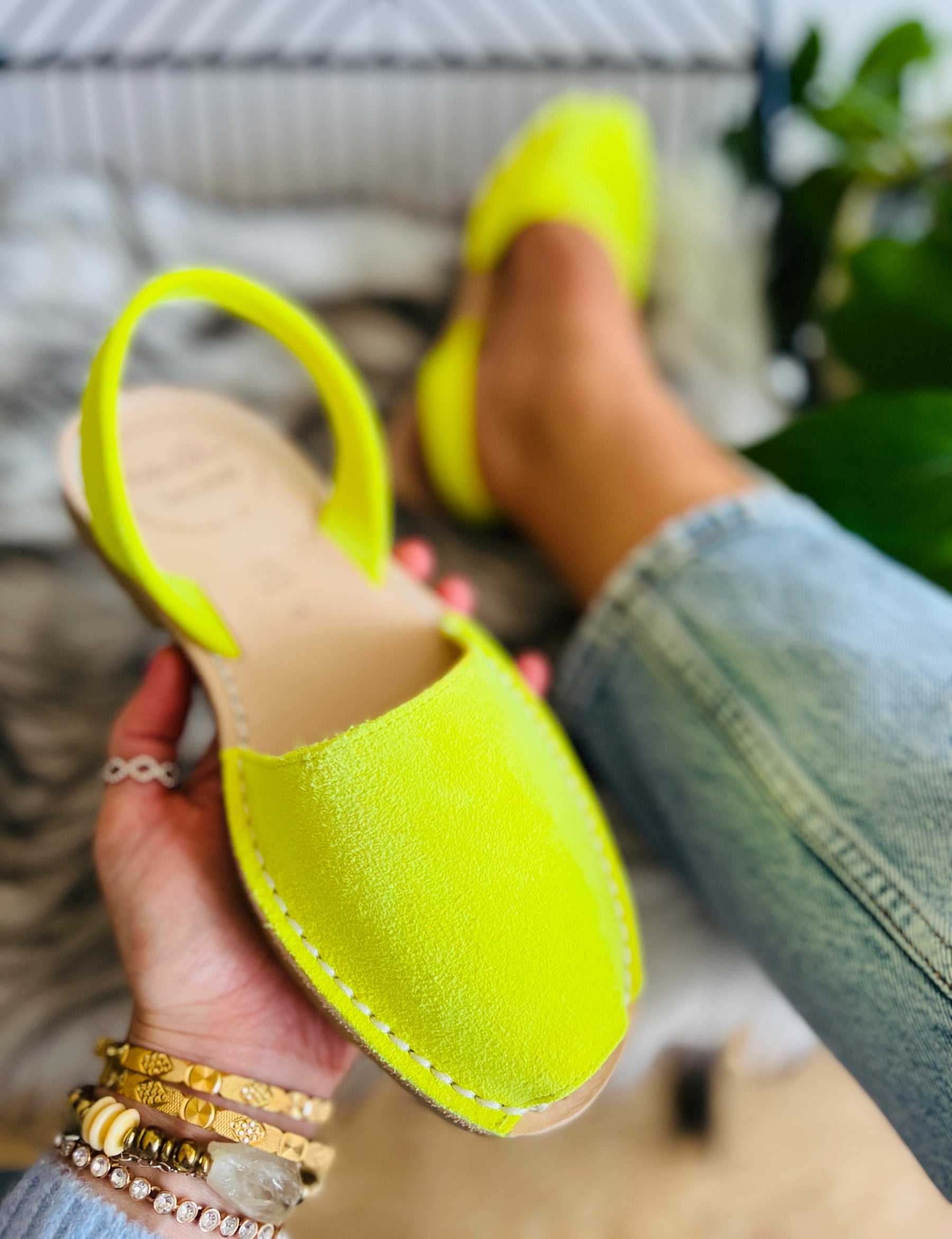 Neon Yellow suede menorcan avarca sandals with slingback heelstrap and flexible rubber sole