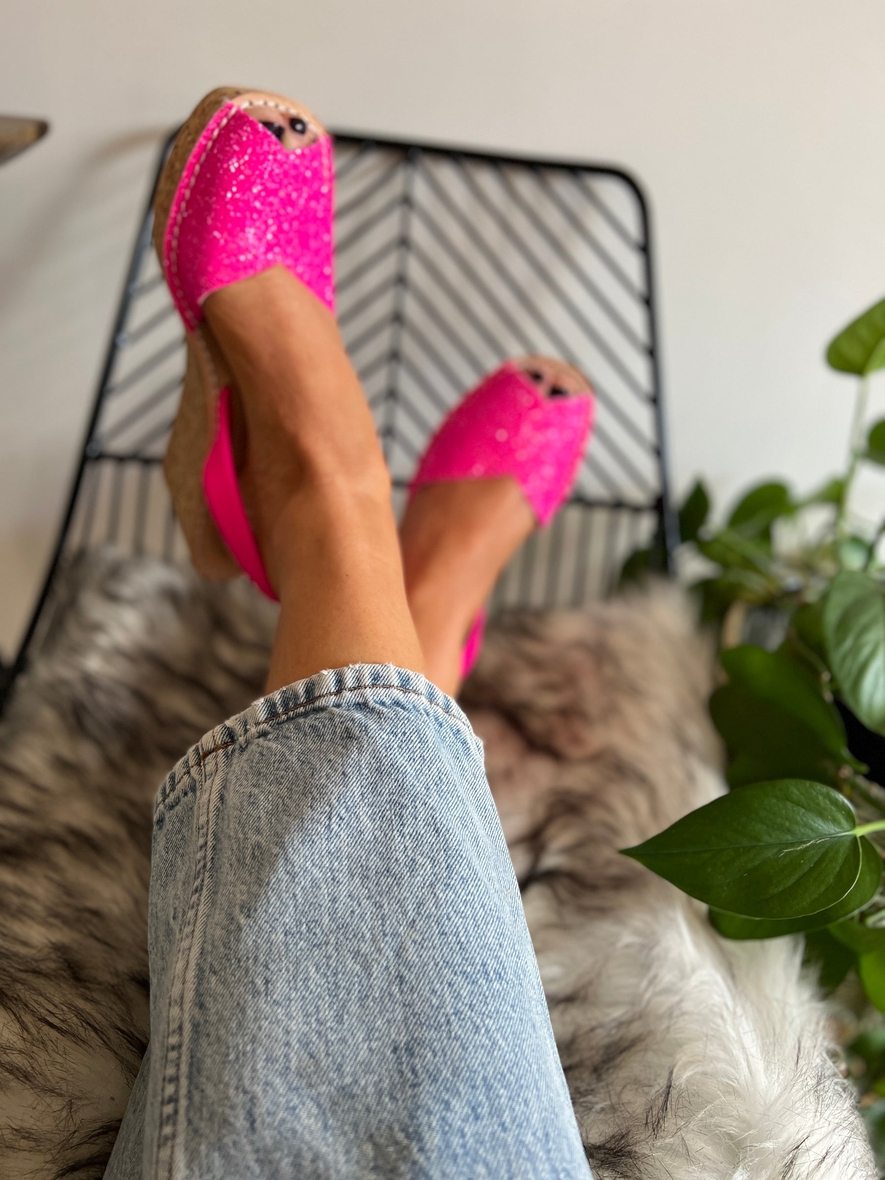 Bright pink glitter upper on an 8cm mid height cork wedge with neon pink napa leather slingback heelstrap