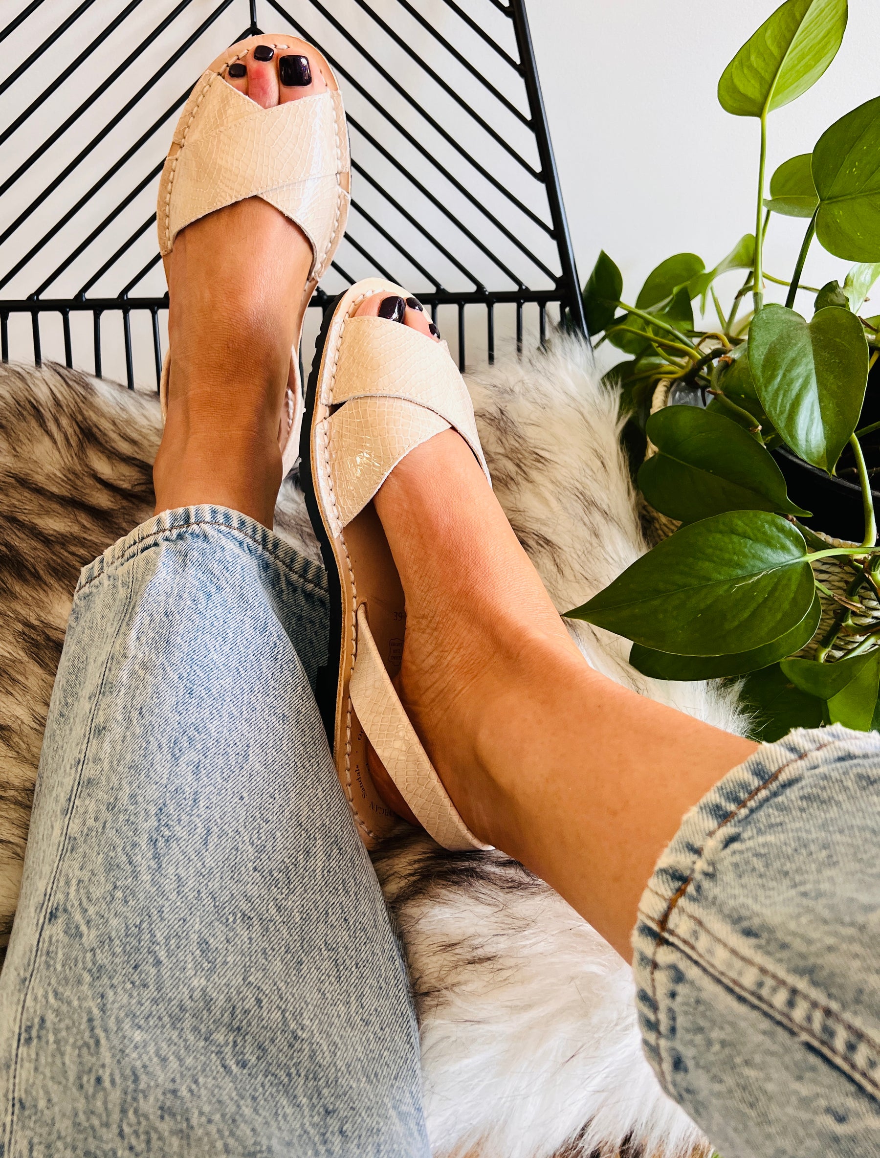 Cream patent leather snakeprint crossover peeptoe avarca sandals with a flexible rubber sole