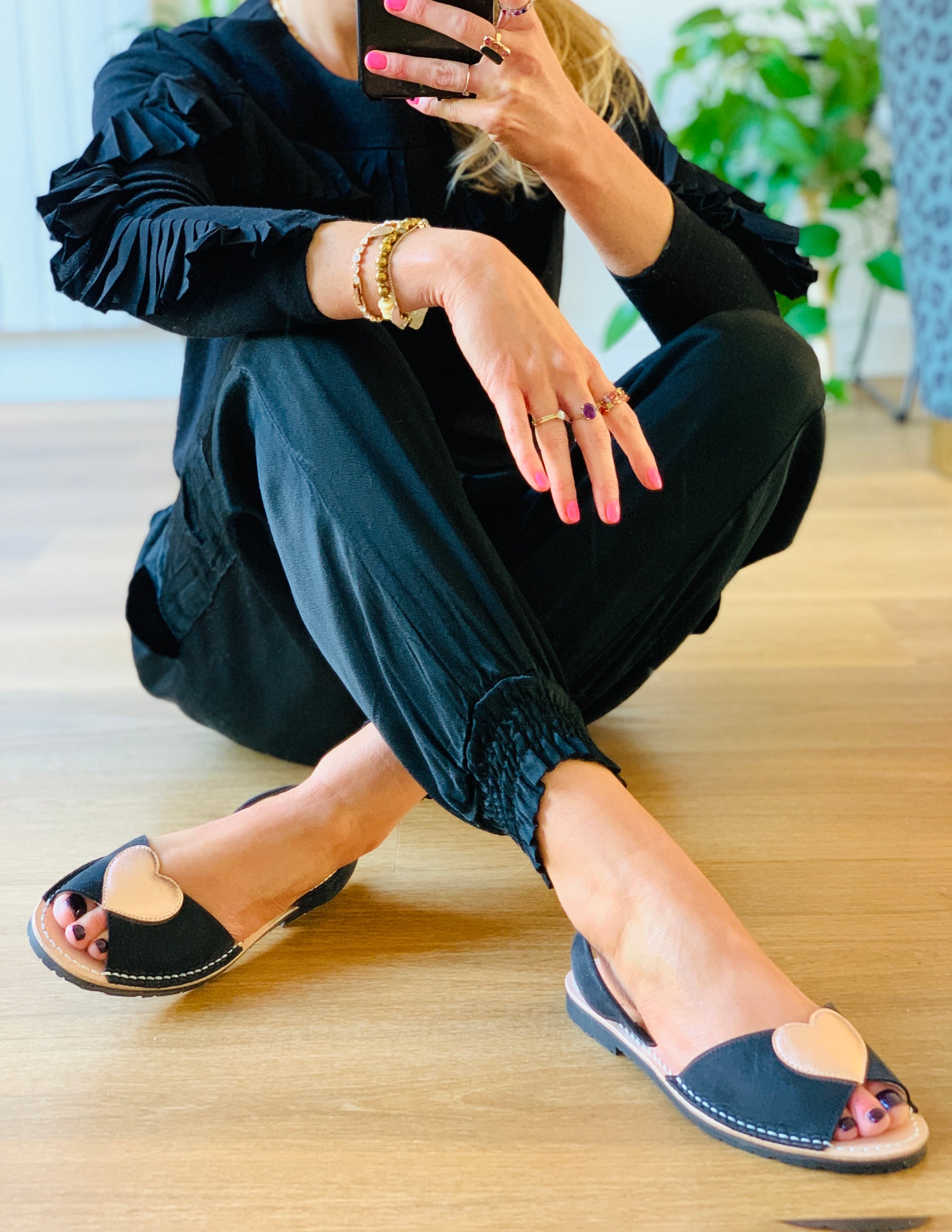 Black nubuck leather peeptoe menorcan avarca with rose gold metallic heart embellishment to upper and flexible rubber sole