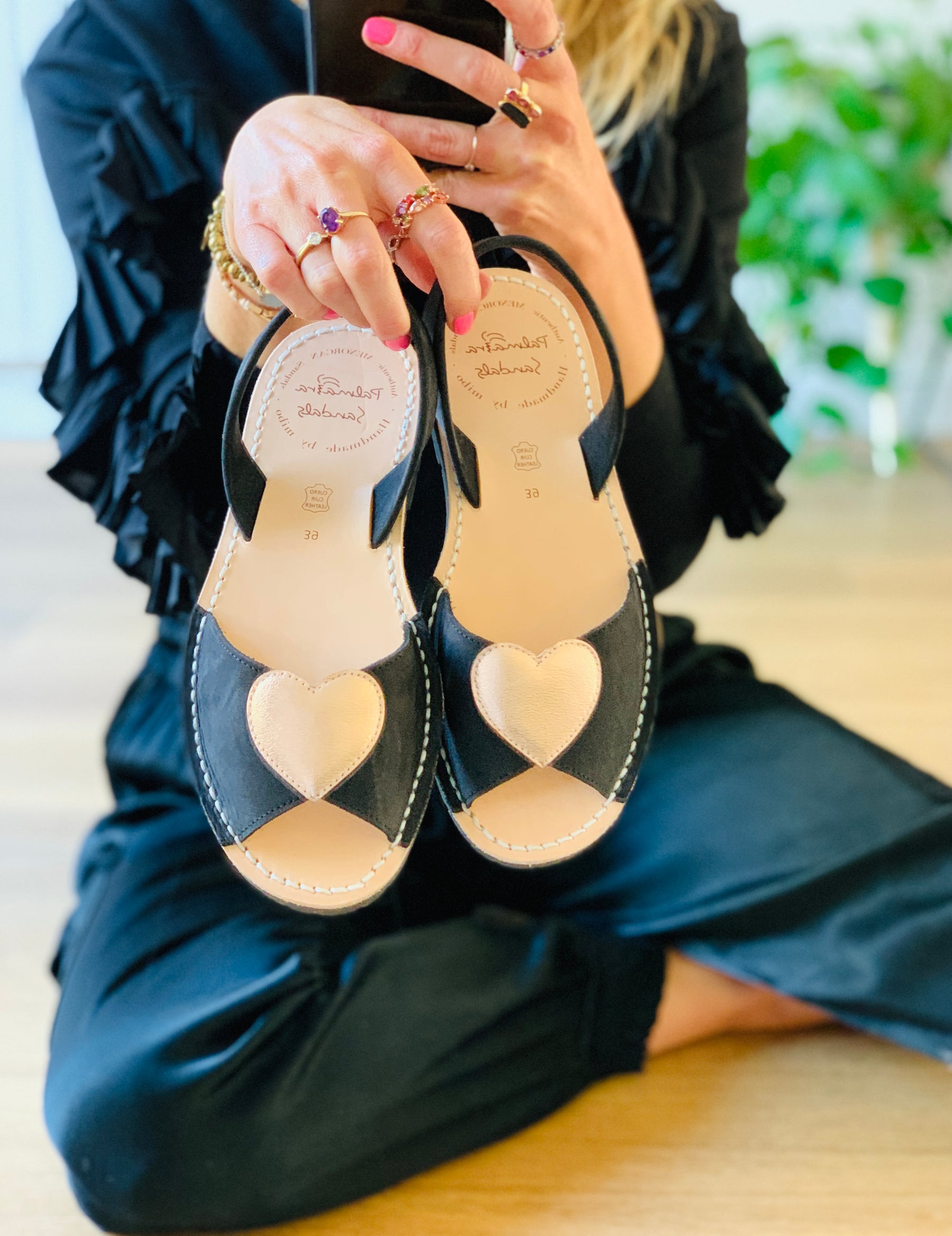 Black nubuck leather peeptoe menorcan avarca with rose gold metallic heart embellishment to upper and flexible rubber sole