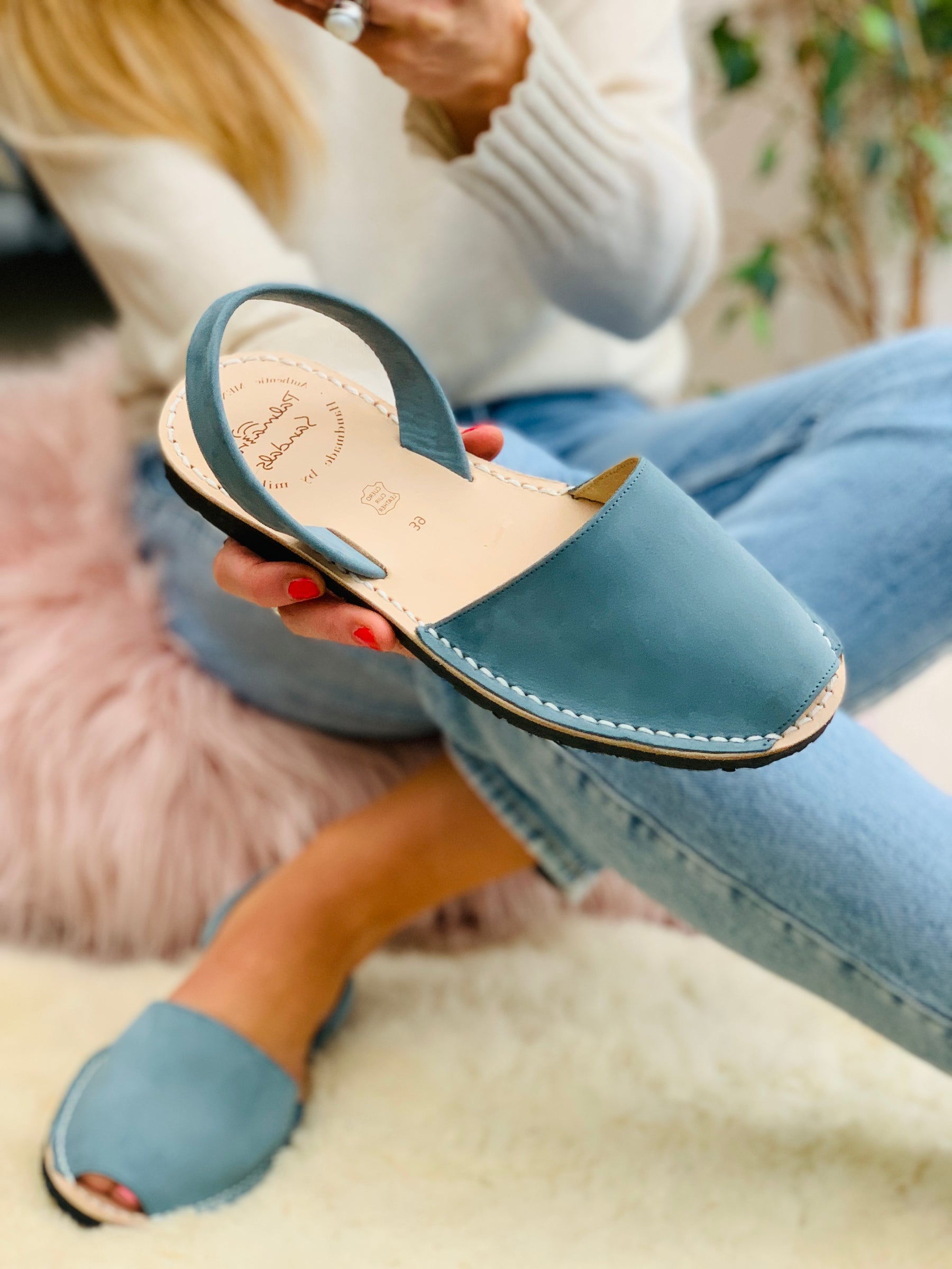 Dusky blue nubuck leather Menorcan Avarca sandals with sling back heel strap
