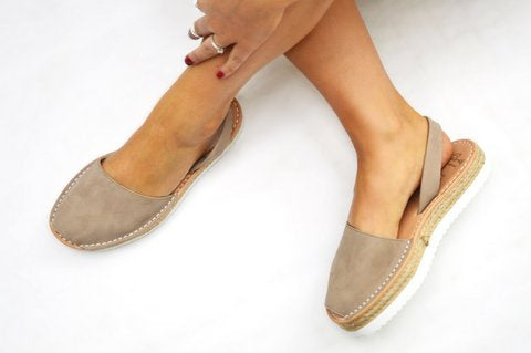 Taupe nubuck leather Menorcan Avarcas with Espadrille Platform
