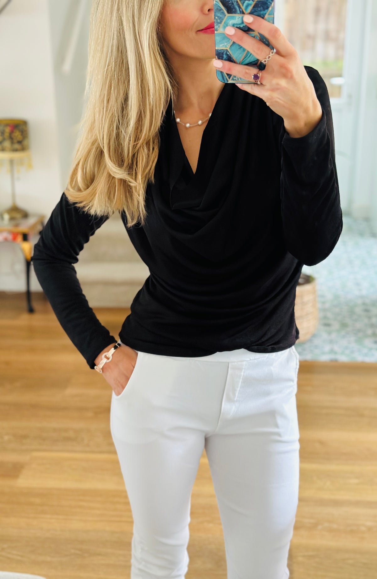 Cowl neck stretch top in black