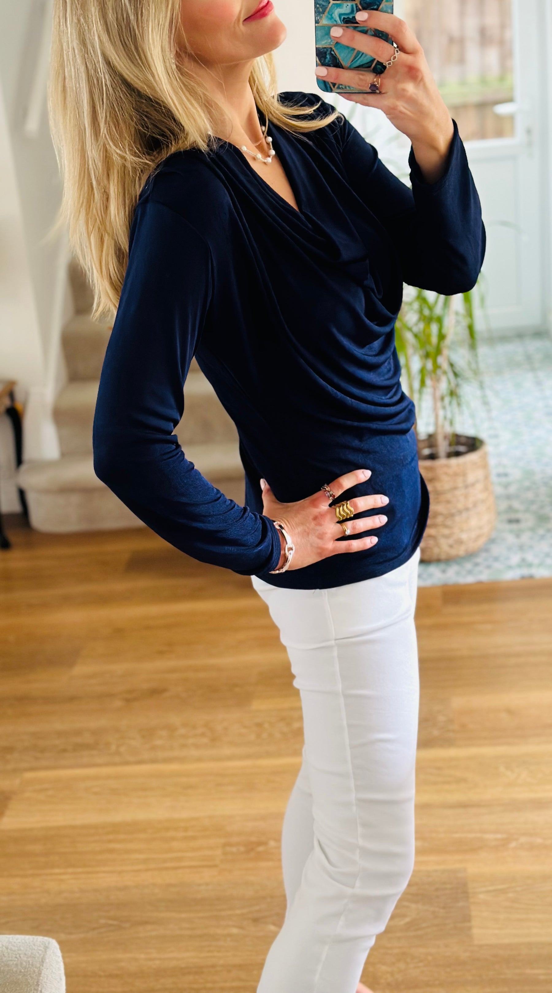 Cowl neck stretch top in navy