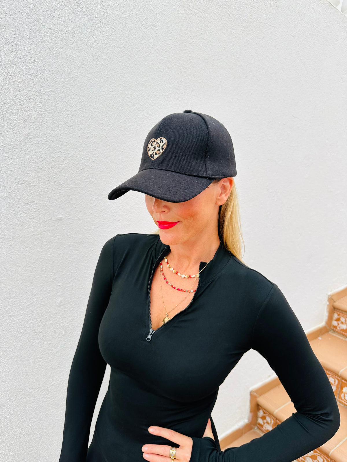 Baseball Cap with Leopard Heart