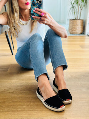 Black Suede Low Espadrille Wedge
