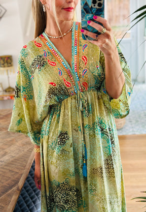 Green Printed Silk Maxi Dress