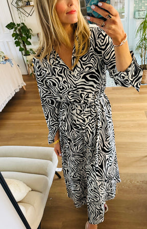 Zebra Maxi Shirt Dress in Black