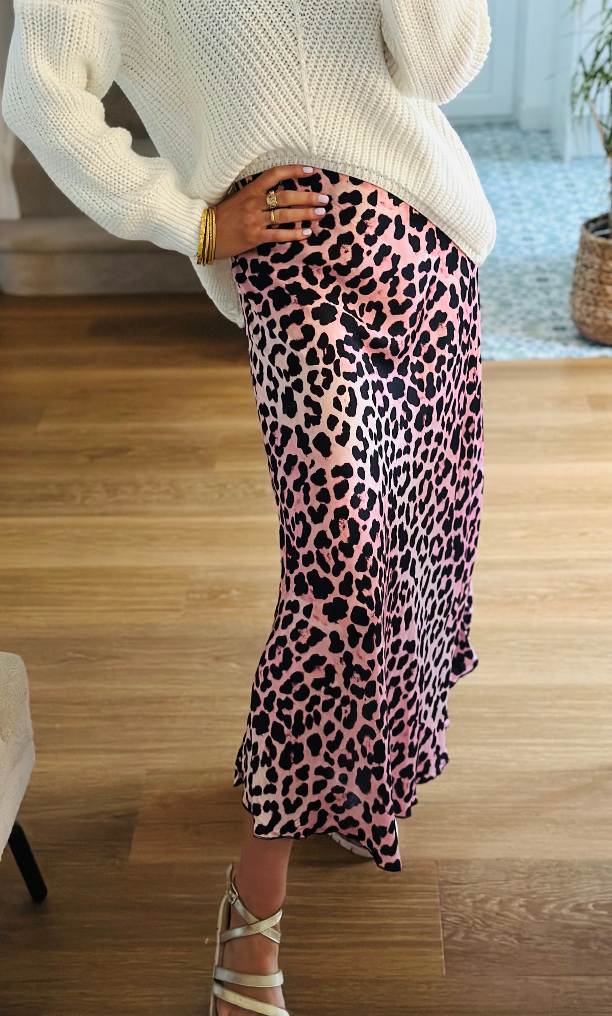 Silk Leopard Print Bias Cut Skirt in Pink