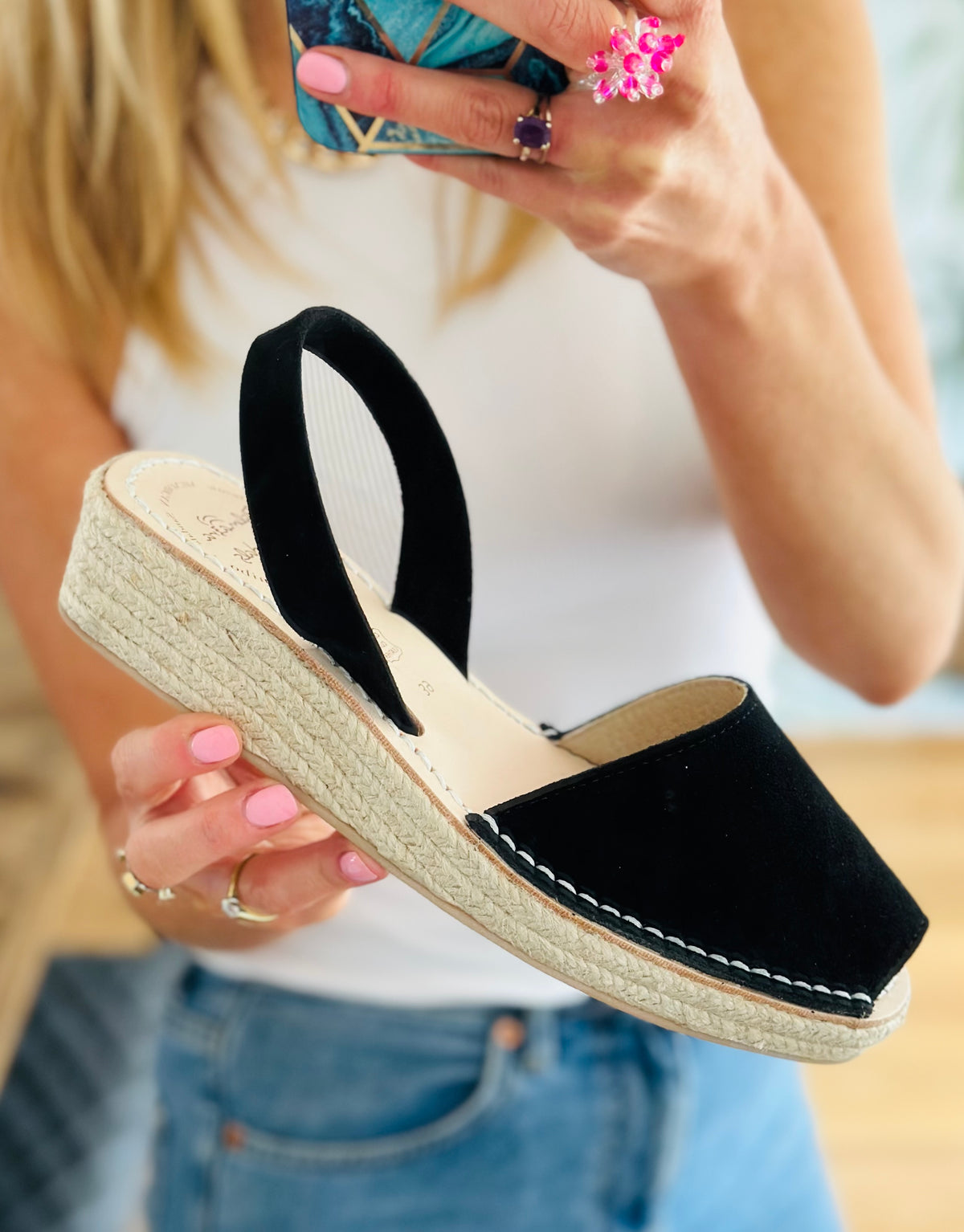 Black Suede Low Espadrille Wedge