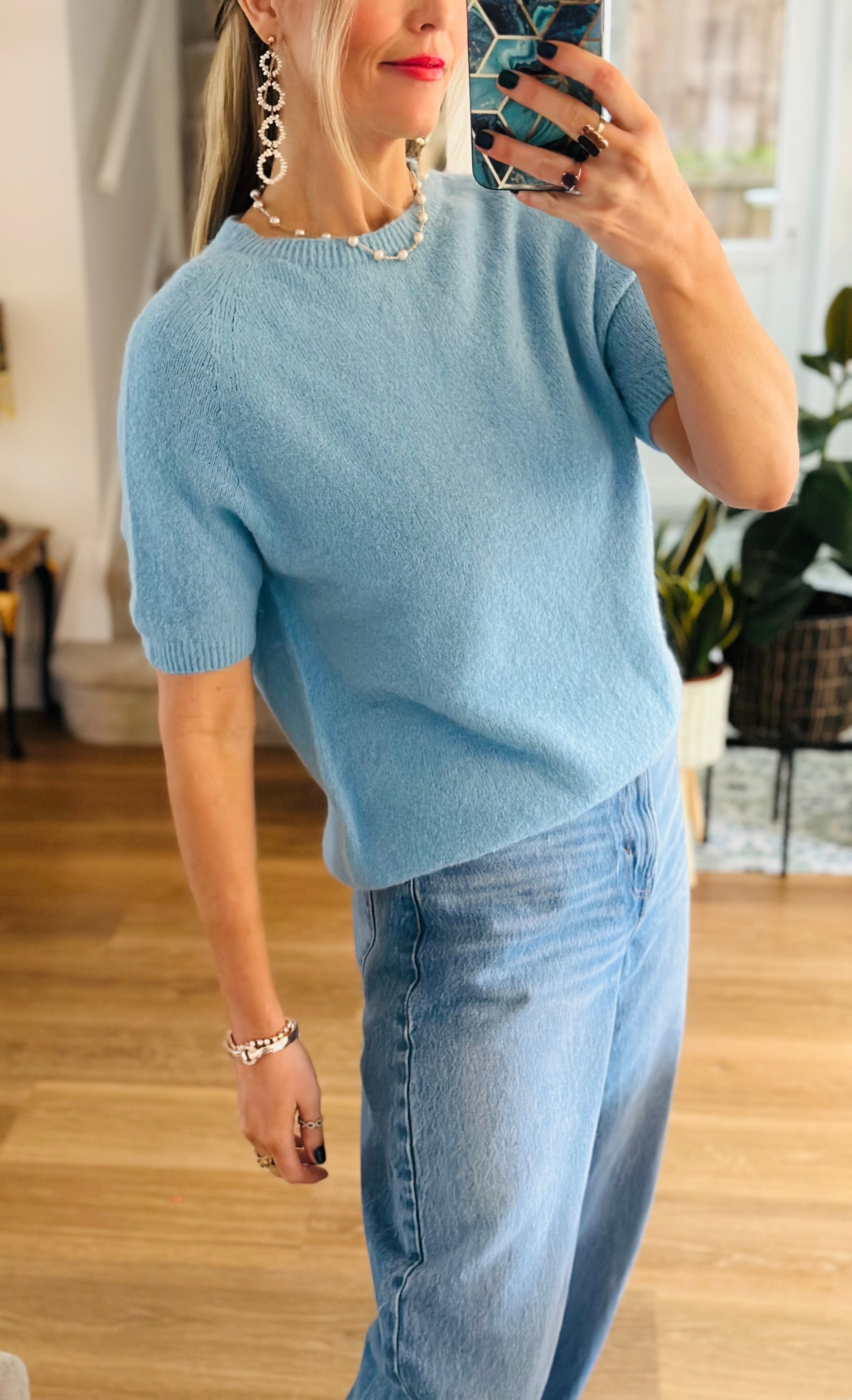 Short Sleeve Knitted Top Blue