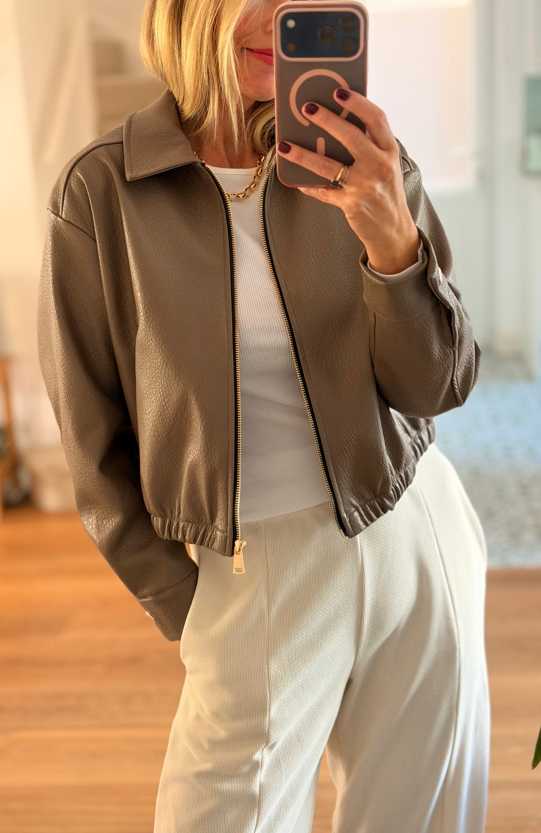 Taupe Zip Front Faux Leather Jacket