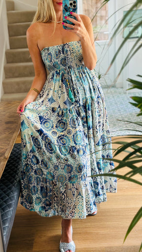 Blue Bandeau Printed Maxi Dress