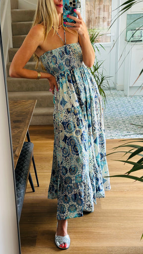 Blue Bandeau Printed Maxi Dress