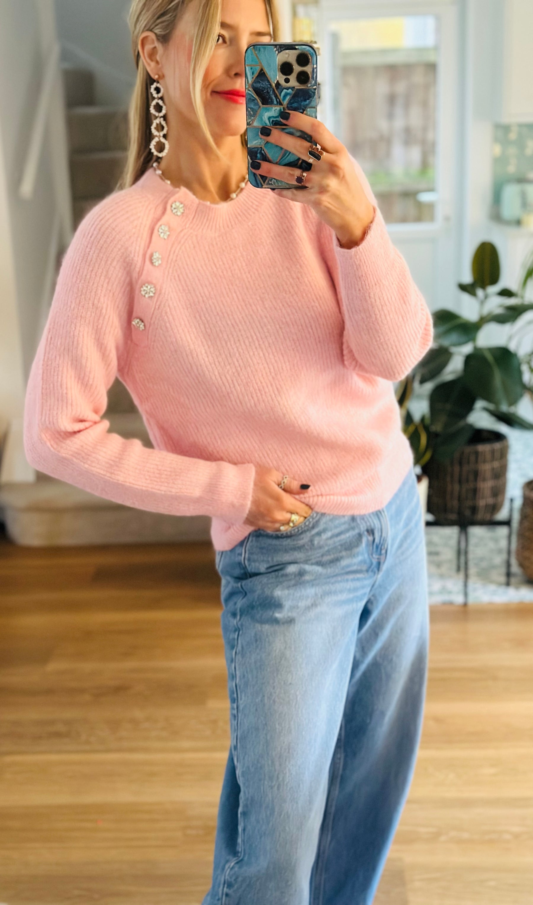 Pink Diamante Button Jumper