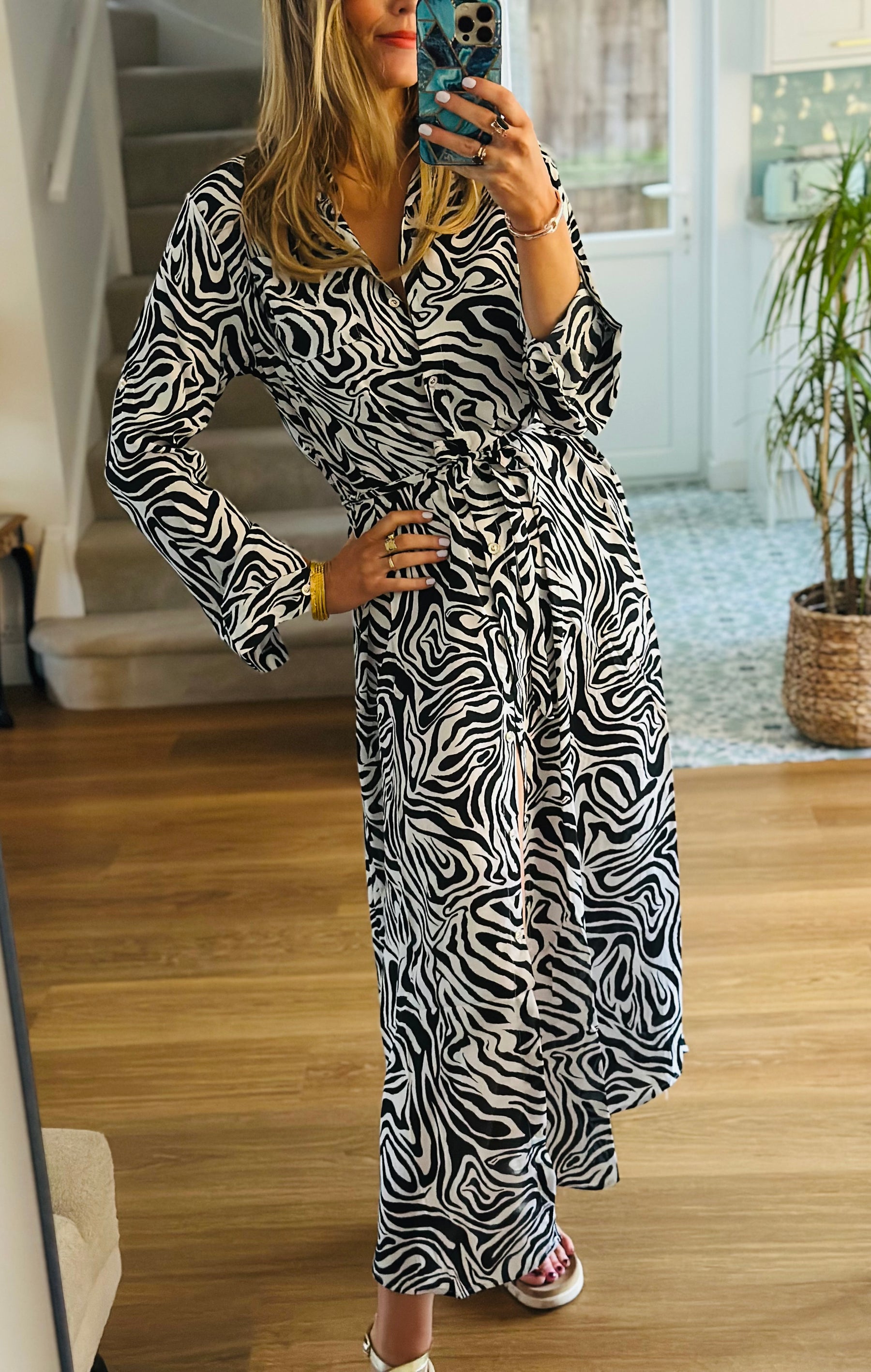 Zebra Maxi Shirt Dress in Black