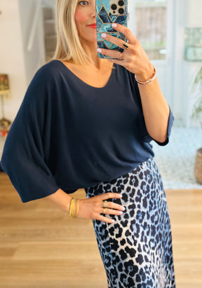 Silk Leopard Print Bias Cut Skirt in Blue